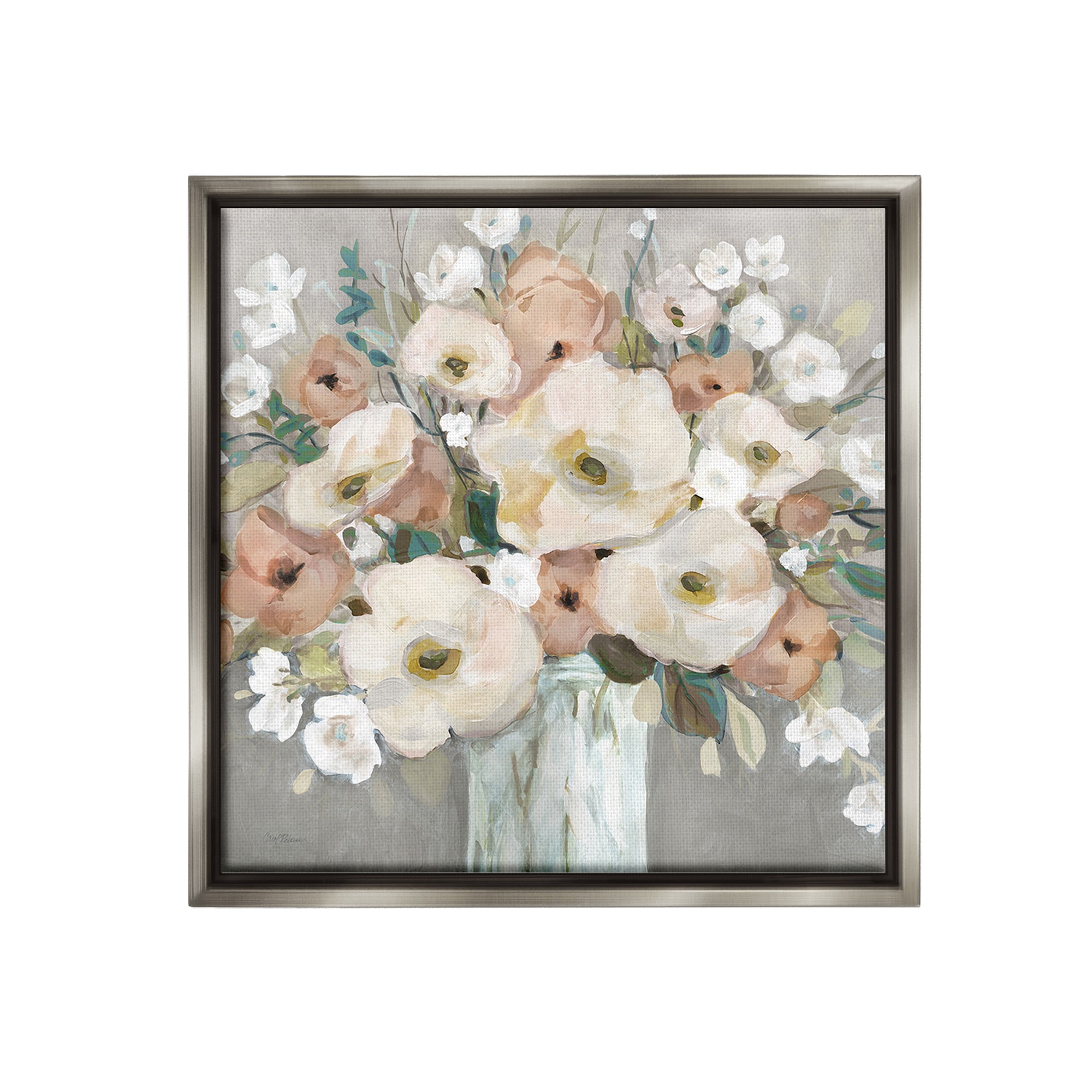 Stupell Industries Mixed Spring Bouquet Botanical & Floral Painting Gray Floater Framed Canvas Art Print Wall Art, 18 x 18