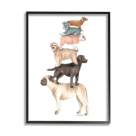 Stupell Industries Mixed Stacked Dog Breeds Standing Balancing Illustration Graphic Art Black Framed Art Print Wall Art, Design by Dishique