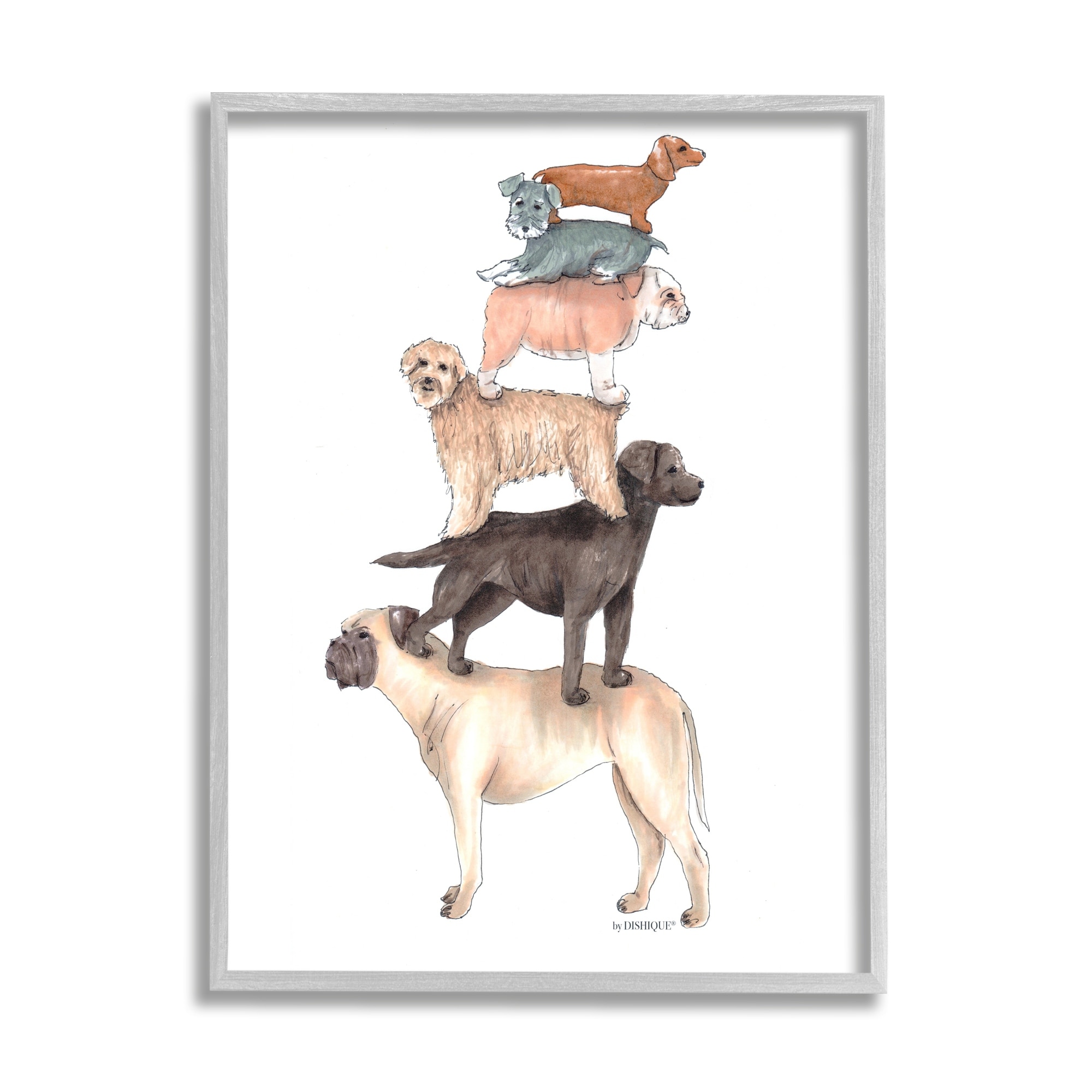 Stupell Industries Mixed Stacked Dog Breeds Standing Balancing Illustration Graphic Art Gray Framed Art Print Wall Art, Design by Dishique