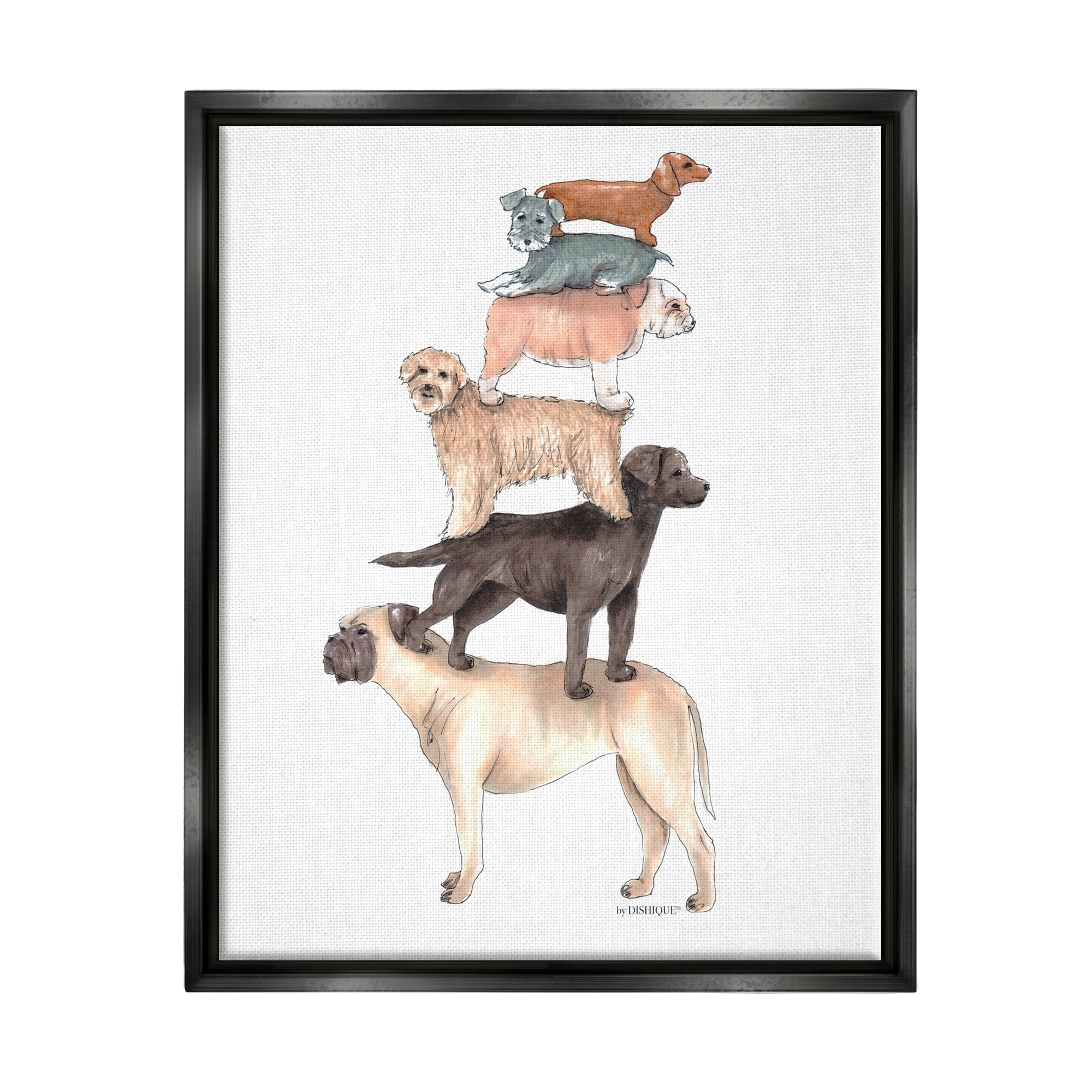 Stupell Industries Mixed Stacked Dog Breeds Standing Balancing Illustration Graphic Art Jet Black Floating Framed Canvas Print Wall Art, Design by Dishique