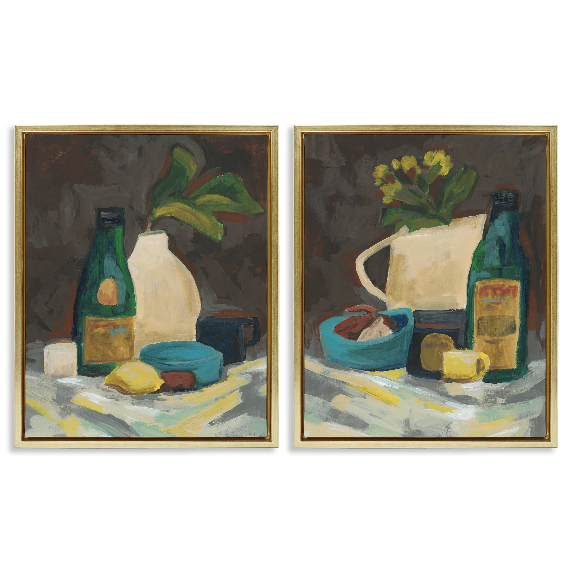 Stupell Industries Mixed Sundries Still Life Food & Beverage Painting Gold Floater Framed Canvas Art Print Wall Art, 31 x 25, Set of 2
