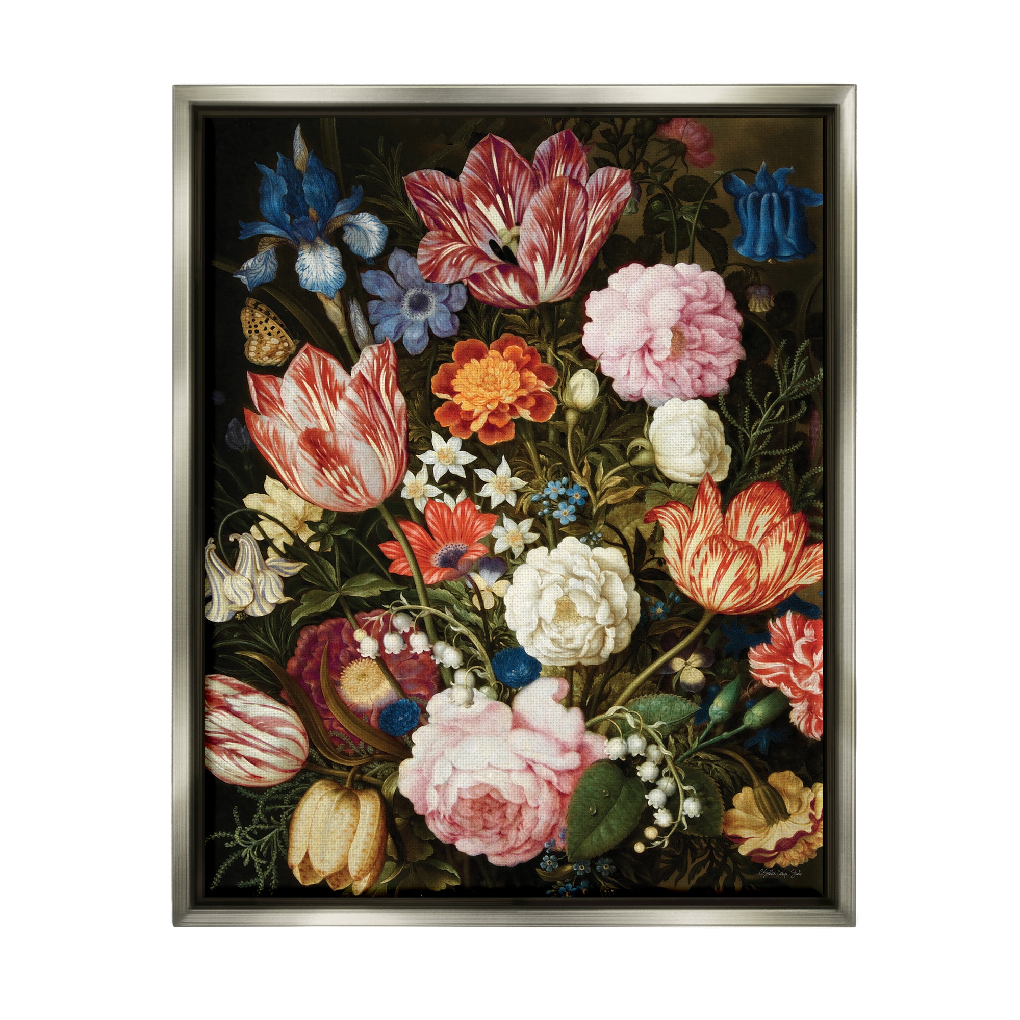 Stupell Industries Mixed Vintage Bouquet Botanical & Floral Painting Gray Floater Framed Art Print Wall Art, 17 x 21