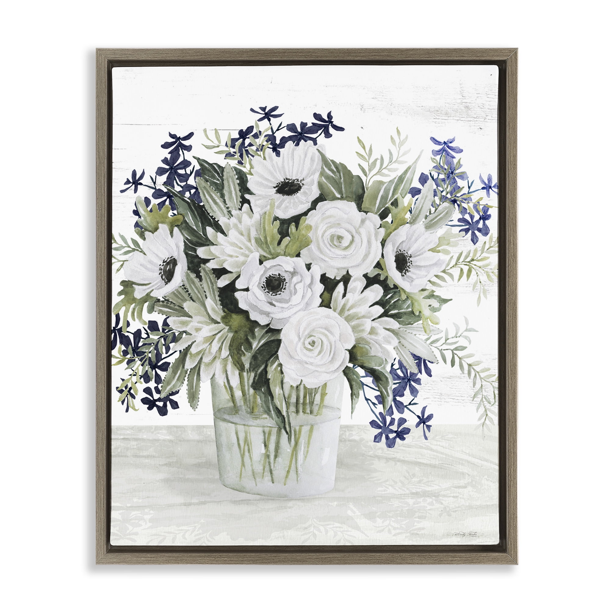 Stupell Industries Mixed White Anemone Vase Botanical & Floral Painting Brown Floater Framed Canvas Art Print Wall Art, 25 x 31