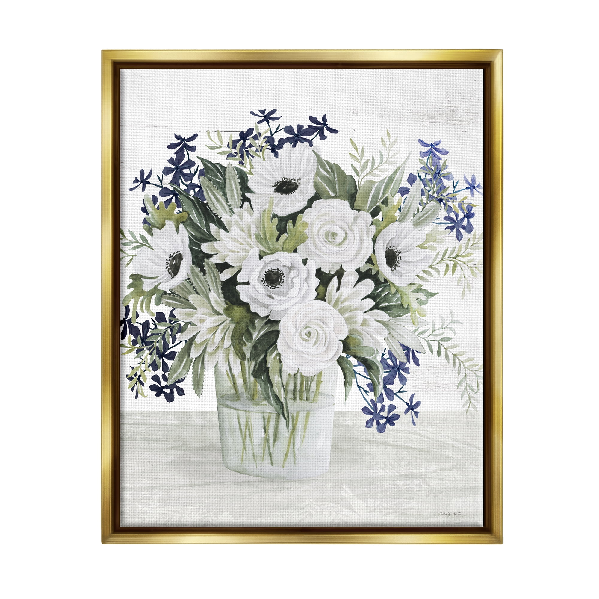 Stupell Industries Mixed White Anemone Vase Botanical & Floral Painting Gold Floater Framed Art Print Wall Art, 17 x 21