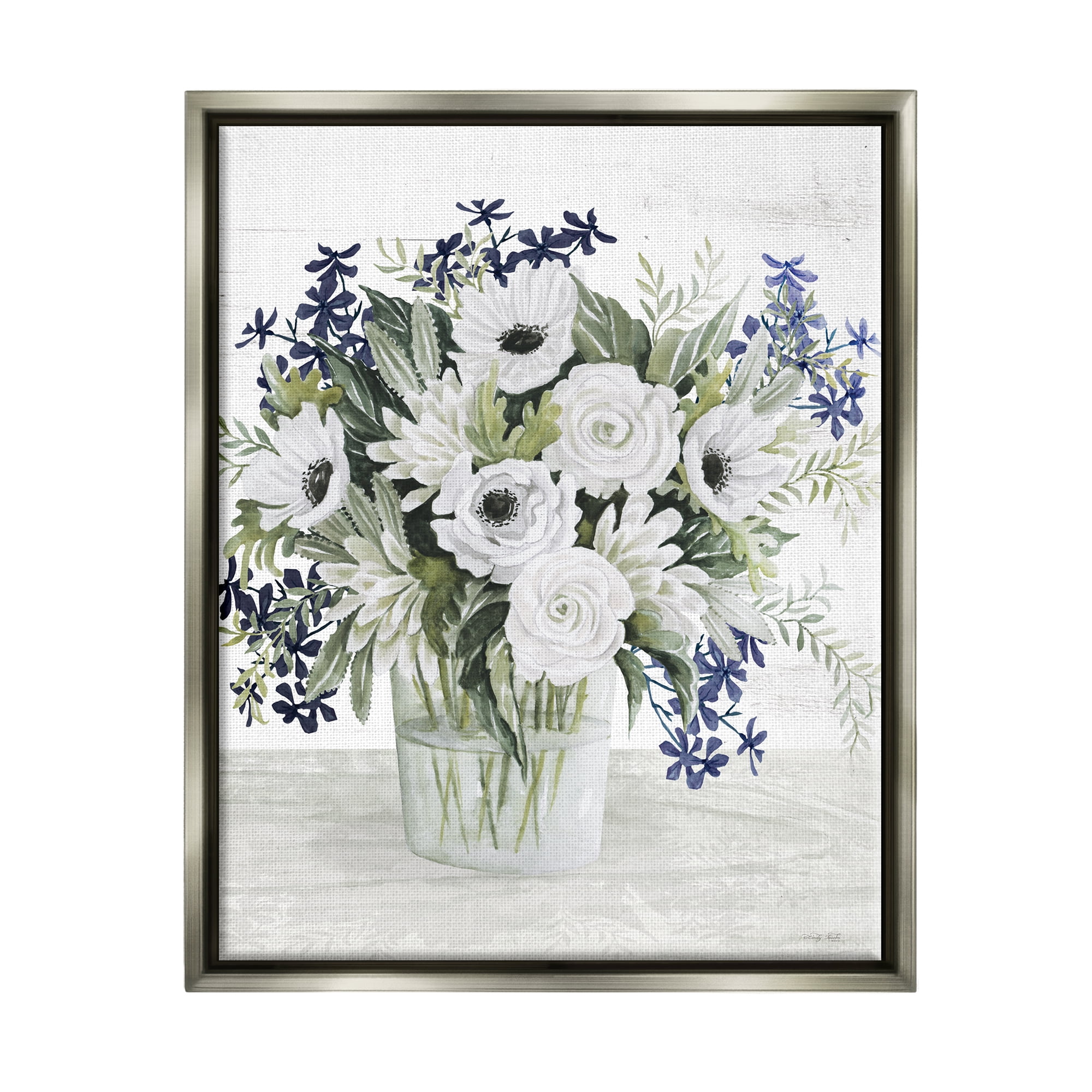 Stupell Industries Mixed White Anemone Vase Botanical & Floral Painting Gray Floater Framed Art Print Wall Art, 17 x 21