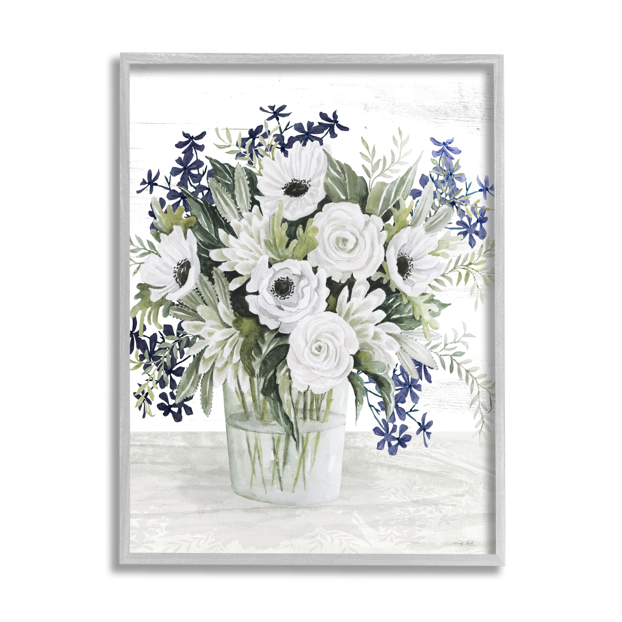 Stupell Industries Mixed White Anemone Vase Botanical & Floral Painting Gray Framed Art Print Wall Art, 11 x 14