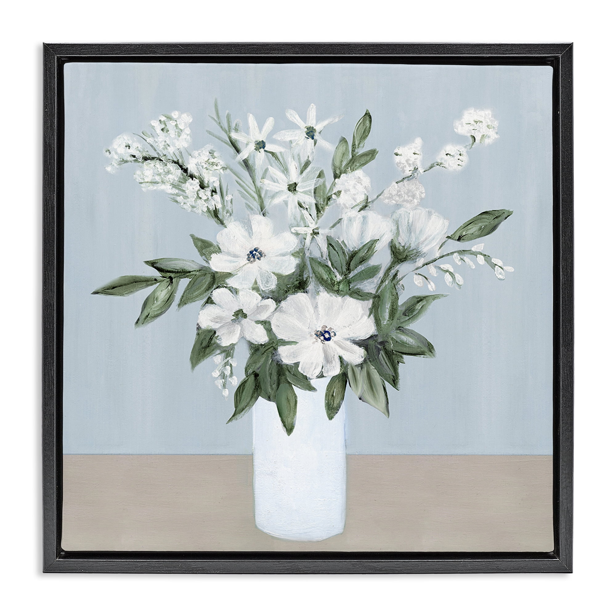 Stupell Industries Mixed White Blooms on Blue Black Framed Floater Canvas Wall Art, design by Marilyn Dunlap