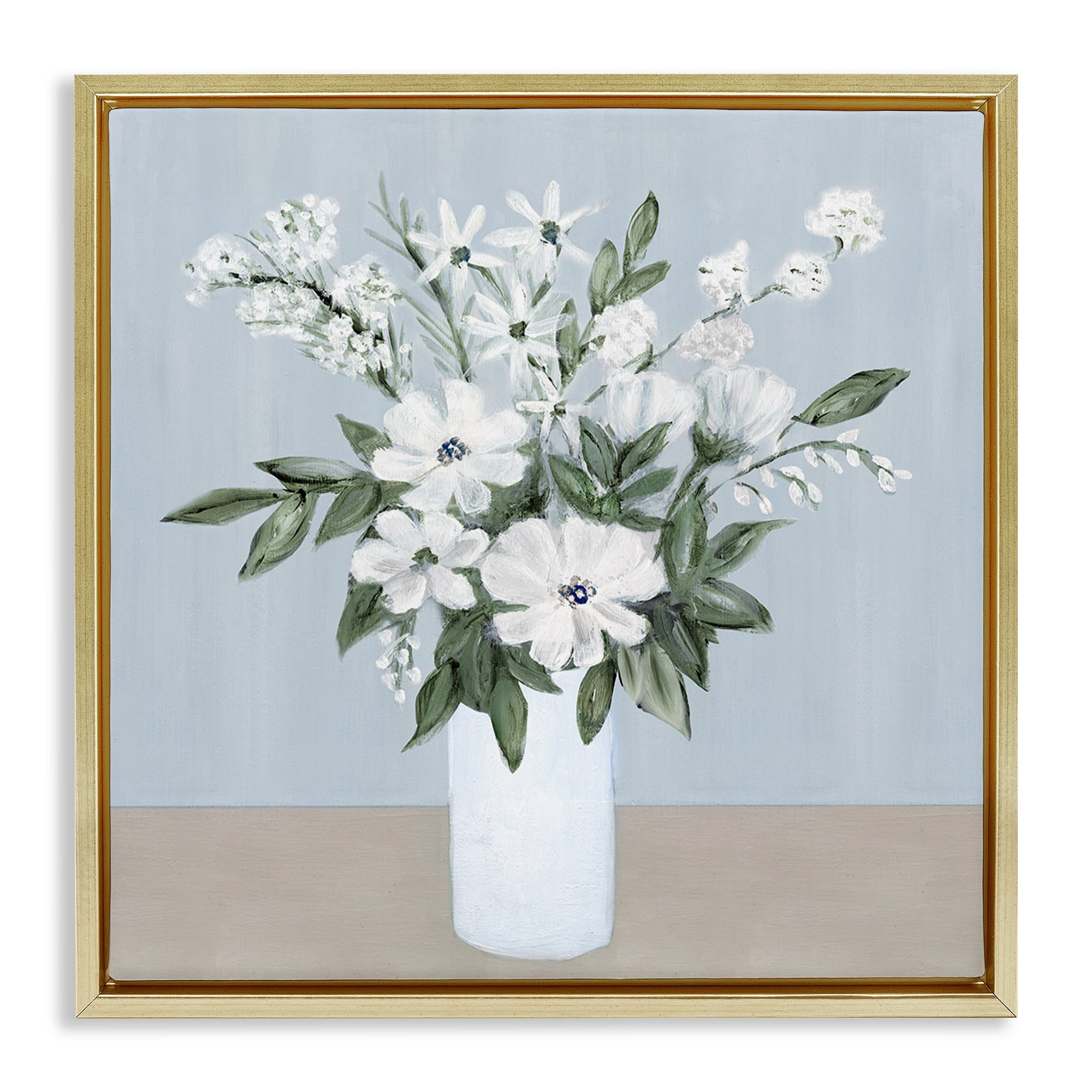 Stupell Industries Mixed White Blooms on Blue Gold Framed Floater Canvas Wall Art, design by Marilyn Dunlap