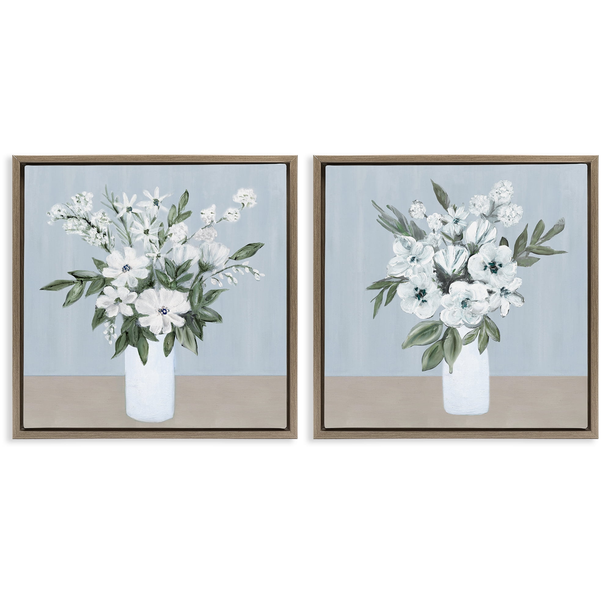 Stupell Industries Mixed White Blossoms 2 Piece Brown Framed Floater Canvas Set, design by Marilyn Dunlap