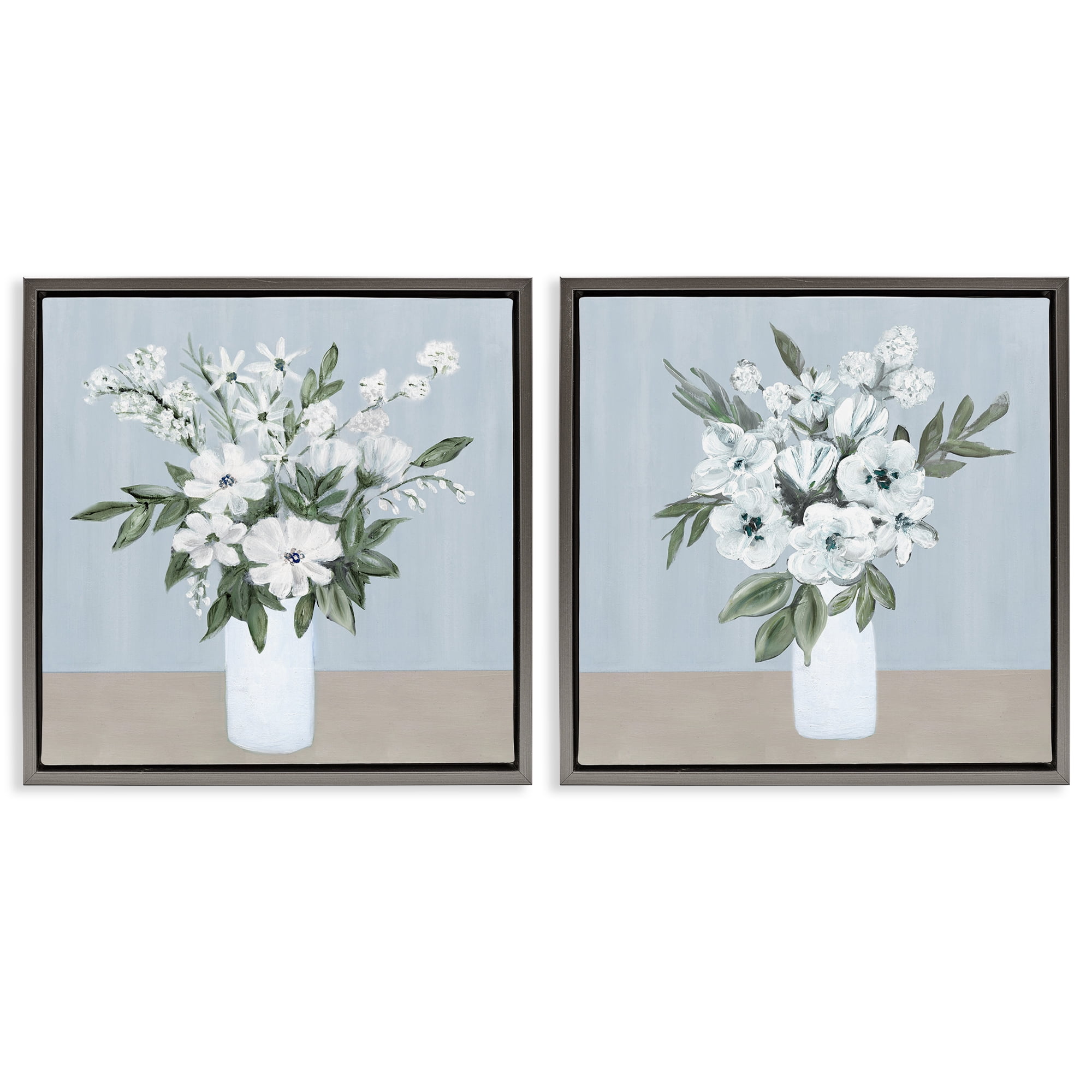 Stupell Industries Mixed White Blossoms 2 Piece Gray Framed Floater Canvas Set, design by Marilyn Dunlap