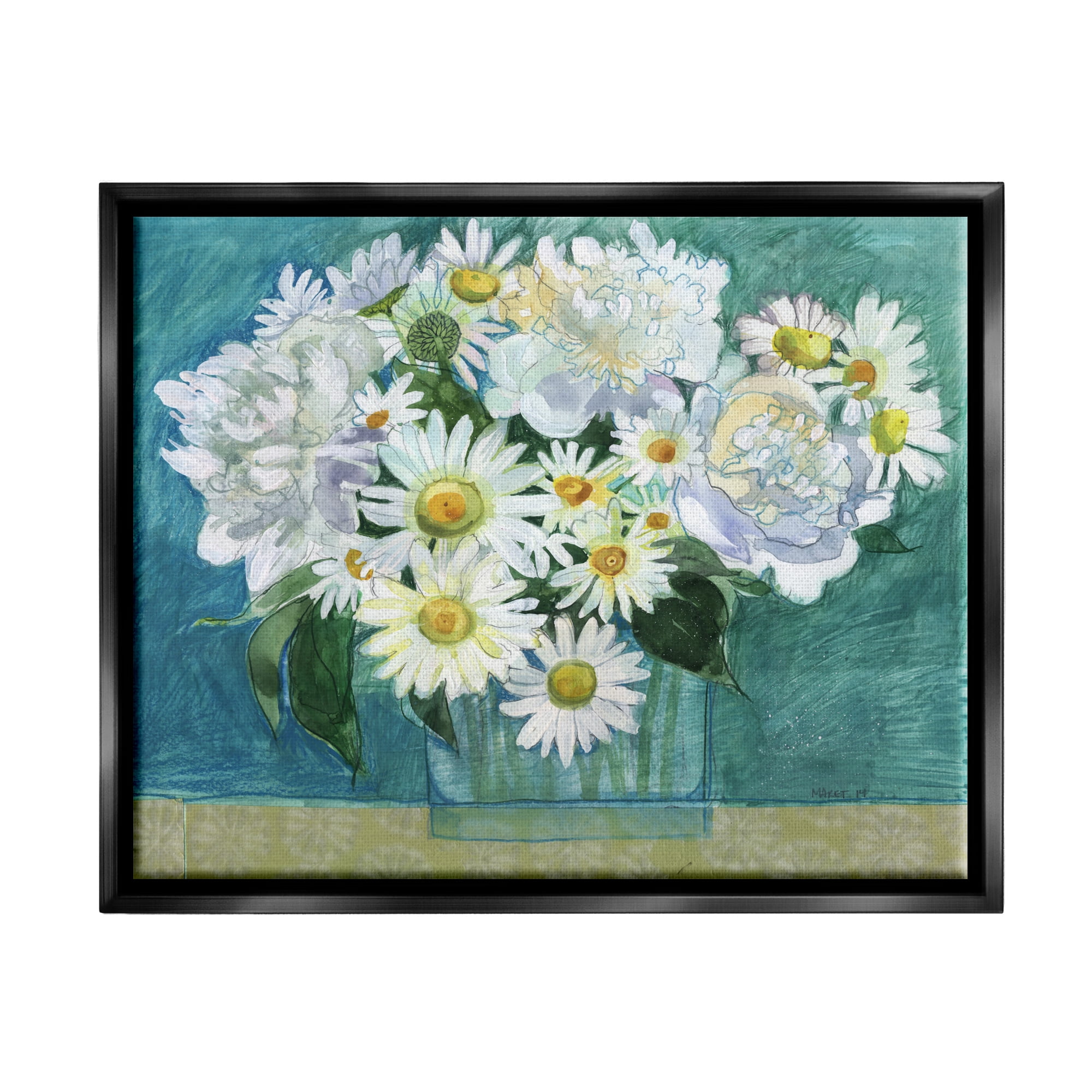 Stupell Industries Mixed White Flower Blossoms Layered Collage Drawing Painting Jet Black Floating Framed Canvas Print Wall Art, Design by Maret Hensick
