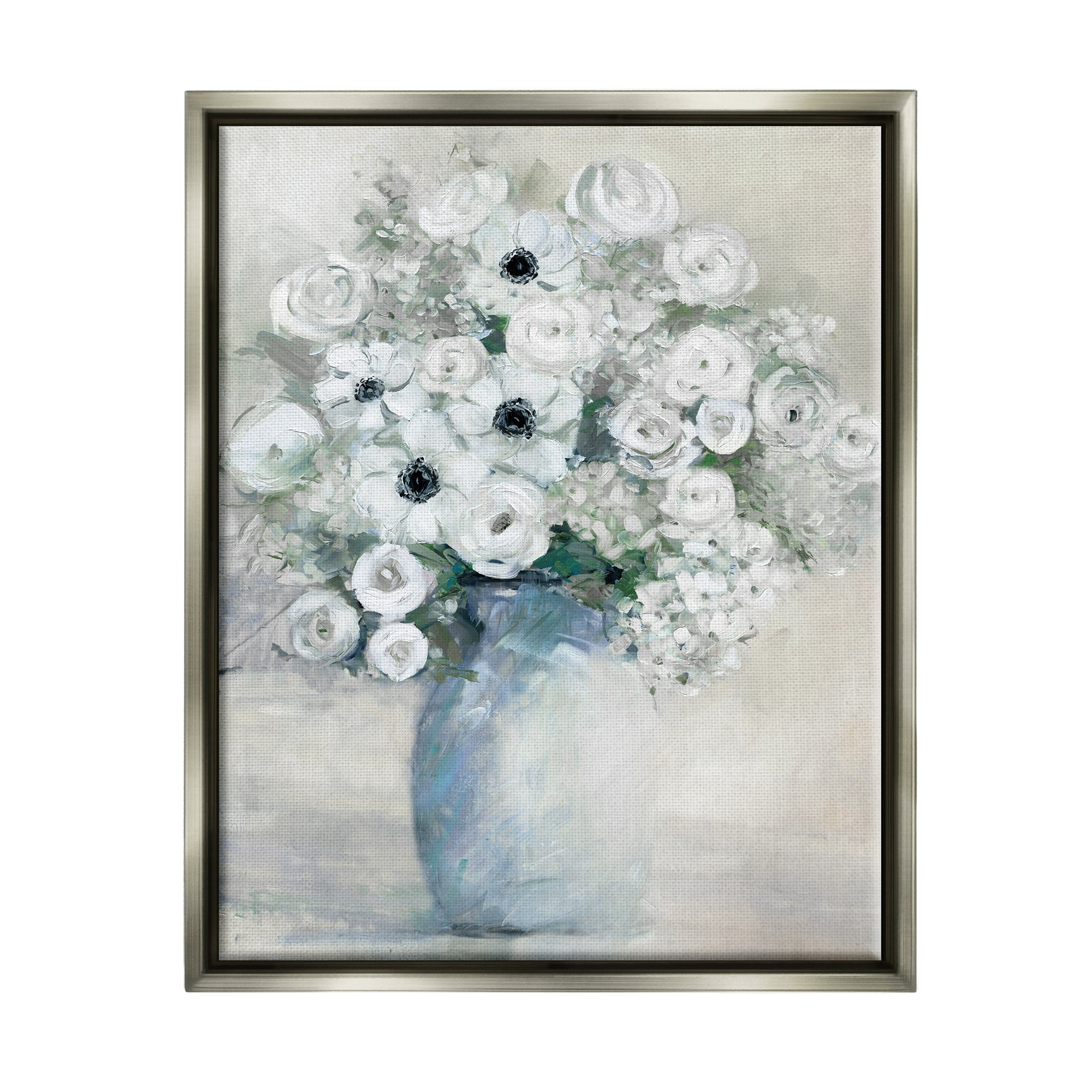 Stupell Industries Mixed White Peonies & Poppies Bouquet Traditional Painting Painting Luster Gray Floating Framed Canvas Print Wall Art, Design by Sally Swatland