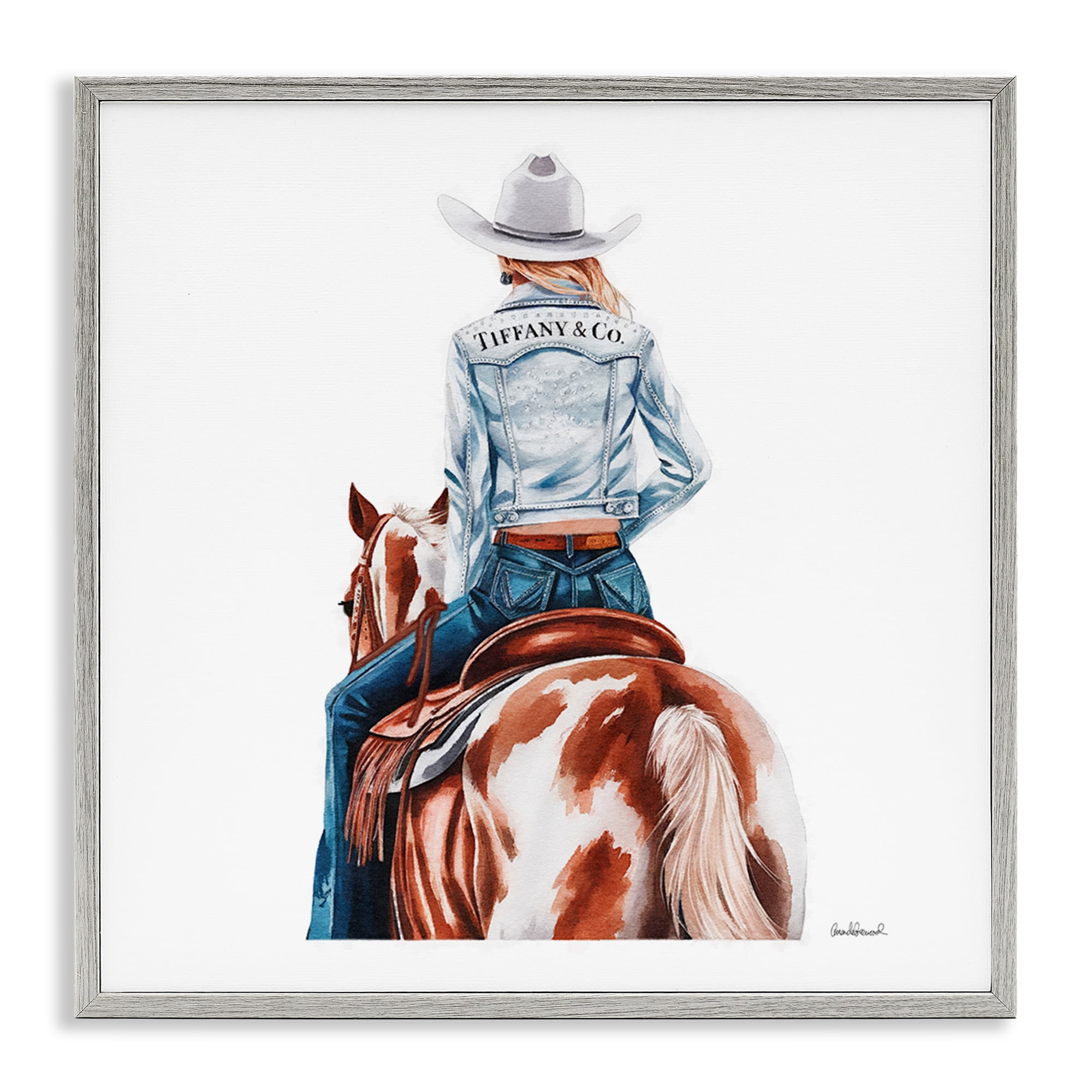 Stupell Industries Mod Cowgirl on Horse People Painting Gray Framed Art Print Wall Art, 17 x 17