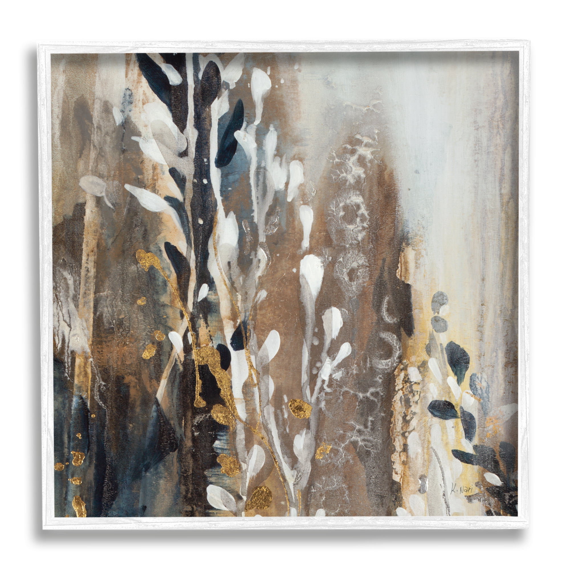 Stupell Industries Modern Abstract Painting Brown Grey White Cascading Plants, 12 x 12, Design by K. Nari