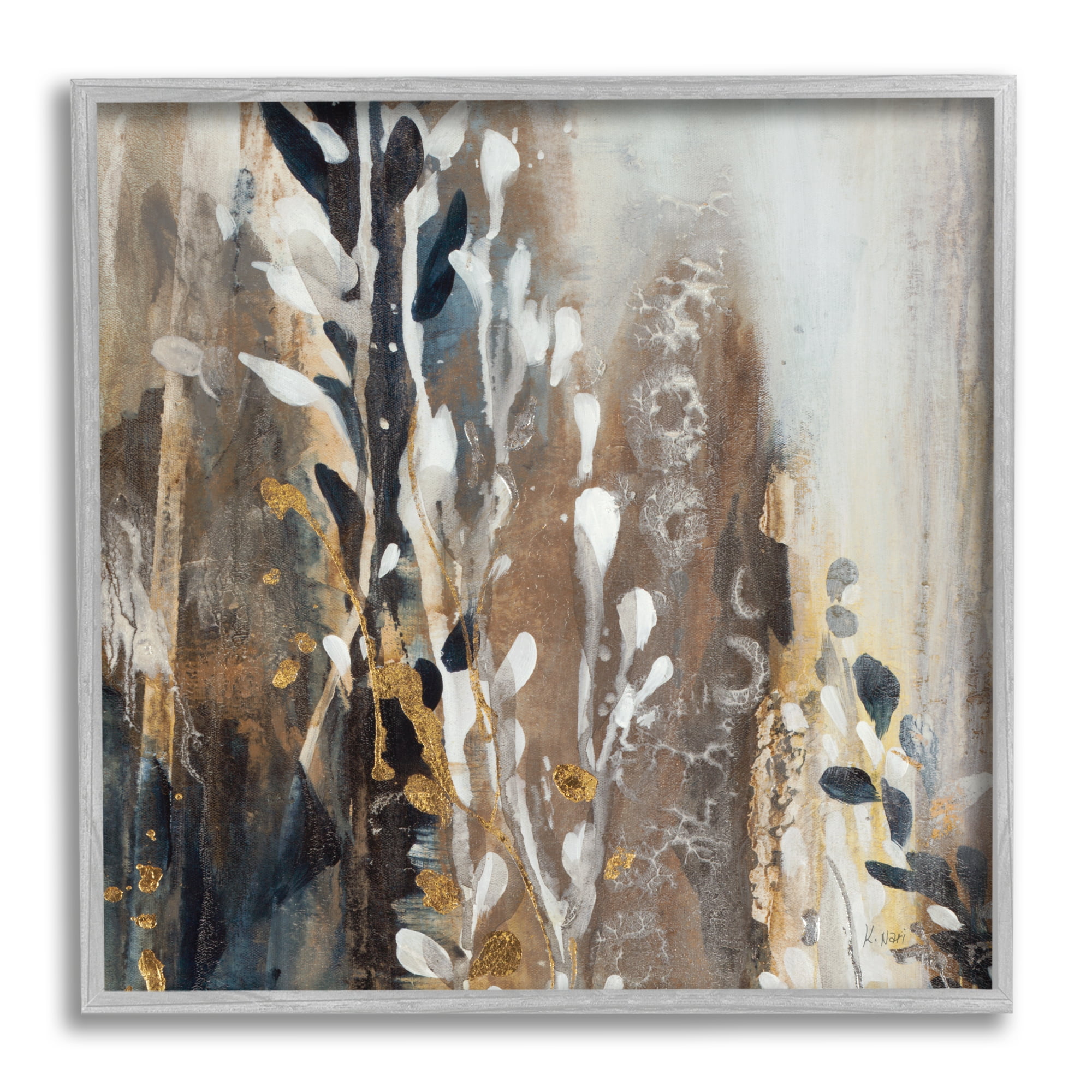 Stupell Industries Modern Abstract Painting Brown Grey White Cascading Plants, 12 x 12, Design by K. Nari
