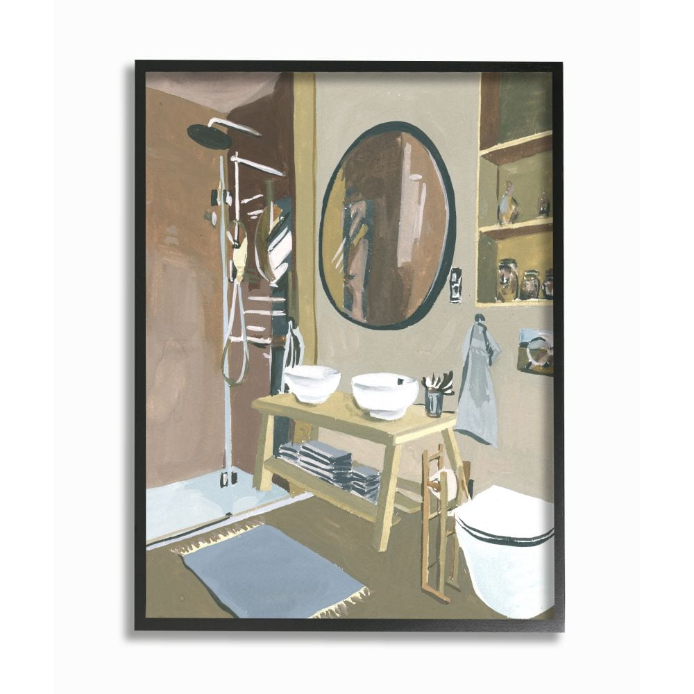 Stupell Industries Modern Bathroom Sink Shower Multicolor Acrylic Painting Framed Wall Art Design by Melissa Wang, 11" x 14", Black Framed