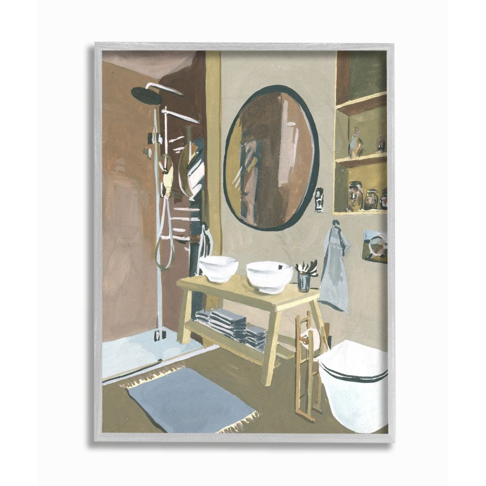 Stupell Industries Modern Bathroom Sink Shower Multicolor Acrylic Painting Framed Wall Art Design by Melissa Wang, 11" x 14", Gray Framed