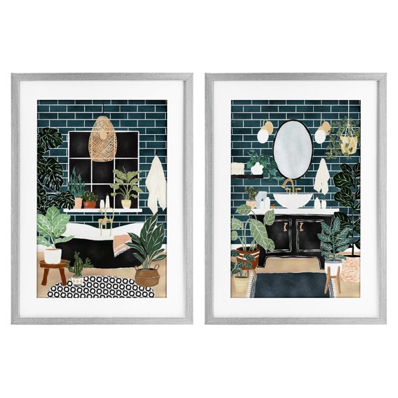 Stupell Industries Modern Bathroom with House Plants 2 Piece Gray Framed Print Under Glass Set design by JJ Design House LLC, 20 x 14