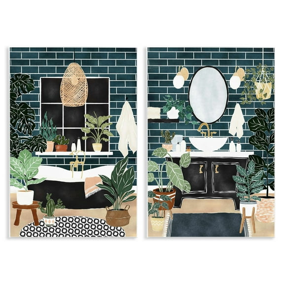 Stupell Industries Modern Bathroom with House Plants 2 Piece Wall Plaque Art Set design by JJ Design House LLC, 15 x 10