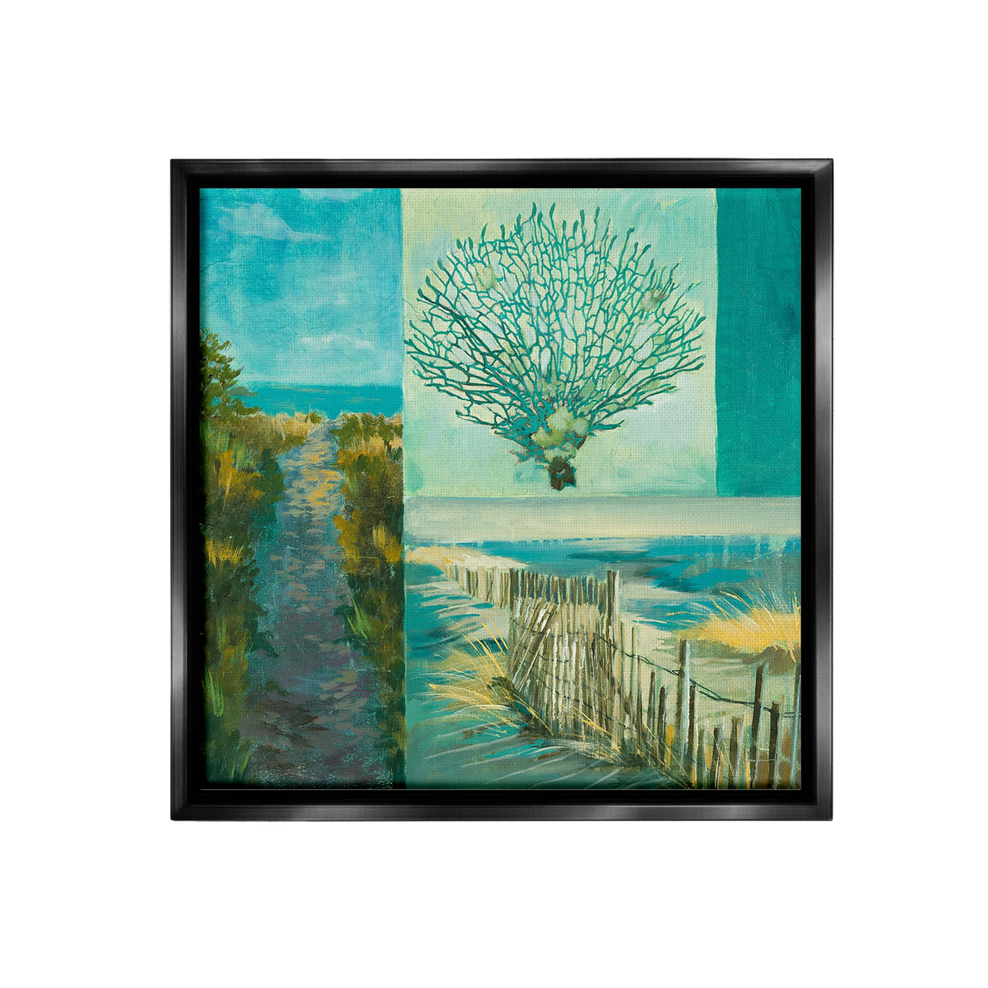 Stupell Industries Modern Beach Coral Collage Landscape Painting Black Floater Framed Canvas Art Print Wall Art, 25 x 25