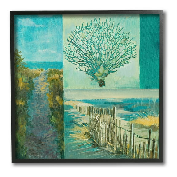 Stupell Industries Modern Beach Coral Collage Landscape Painting Black Framed Art Print Wall Art, 12 x 12