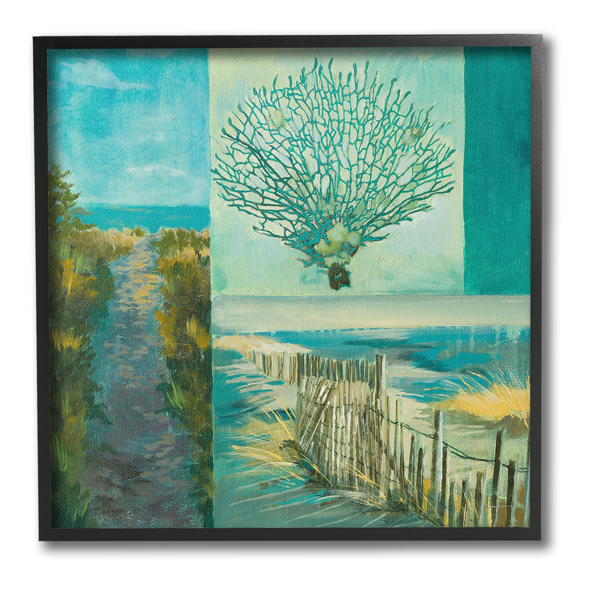 Stupell Industries Modern Beach Coral Collage Landscape Painting Black Framed Art Print Wall Art, 24 x 24