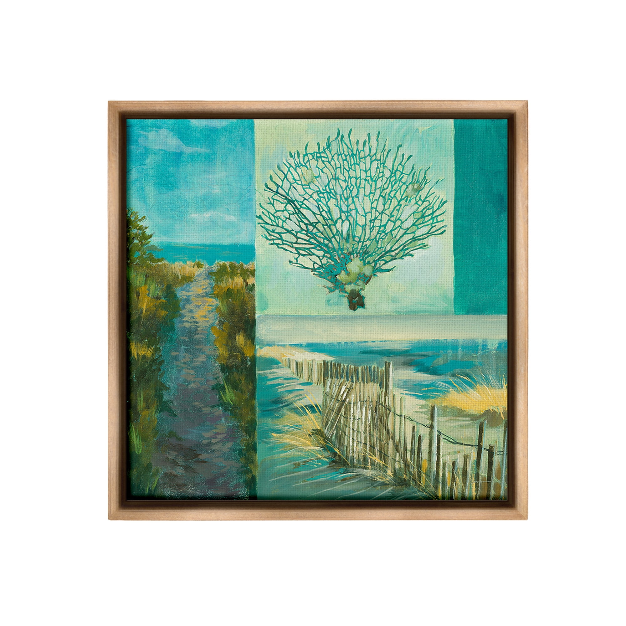 Stupell Industries Modern Beach Coral Collage Landscape Painting Brown Floater Framed Canvas Art Print Wall Art, 18 x 18
