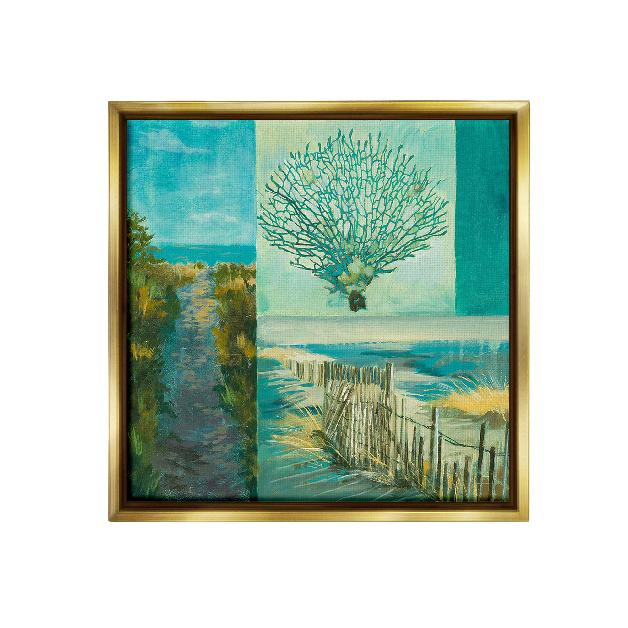 Stupell Industries Modern Beach Coral Collage Landscape Painting Gold Floater Framed Canvas Art Print Wall Art, 25 x 25
