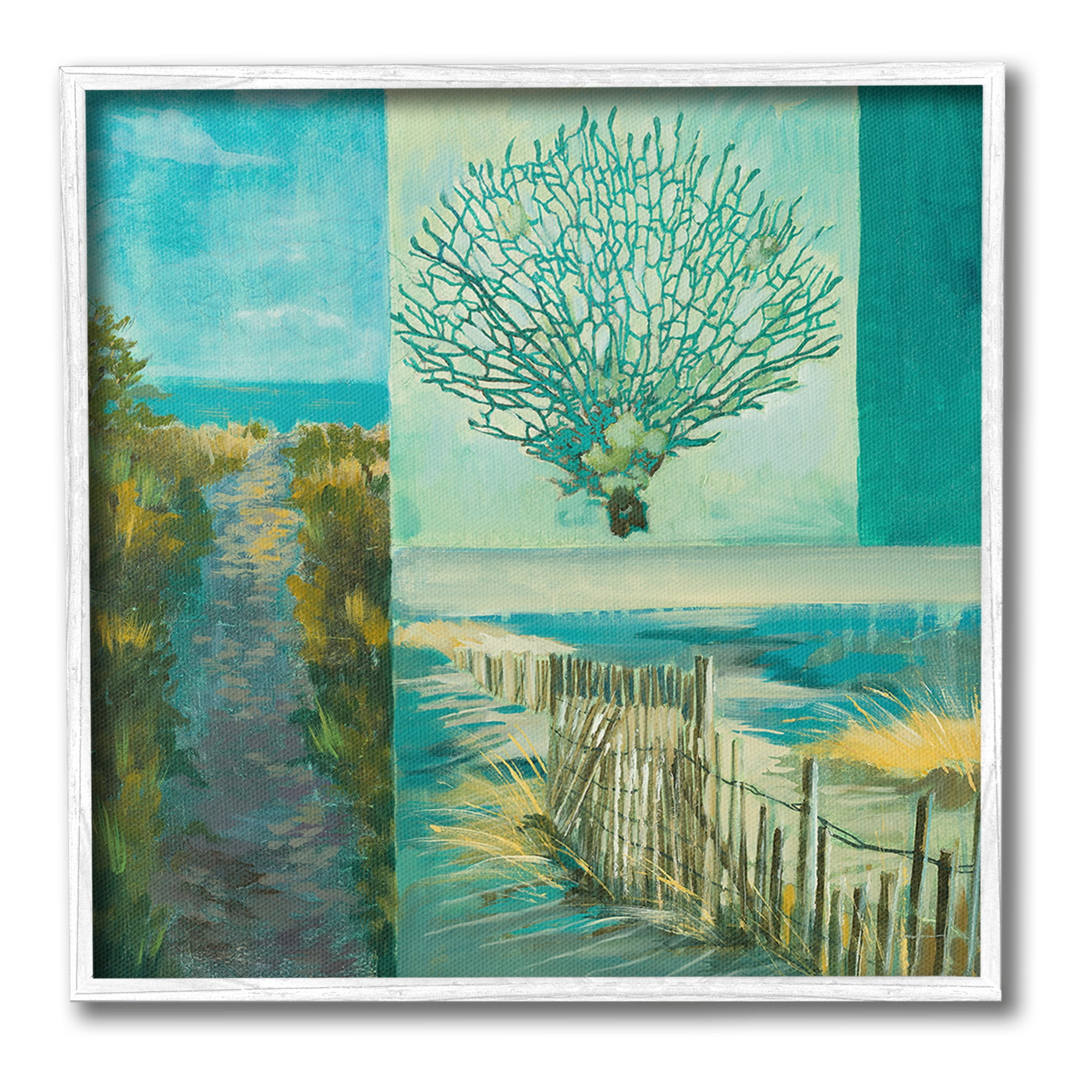 Stupell Industries Modern Beach Coral Collage Landscape Painting White Framed Art Print Wall Art, 24 x 24