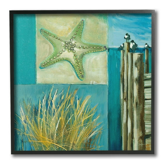 Stupell Industries Modern Beach Dock Collage Landscape Painting Black Framed Art Print Wall Art, 12 x 12