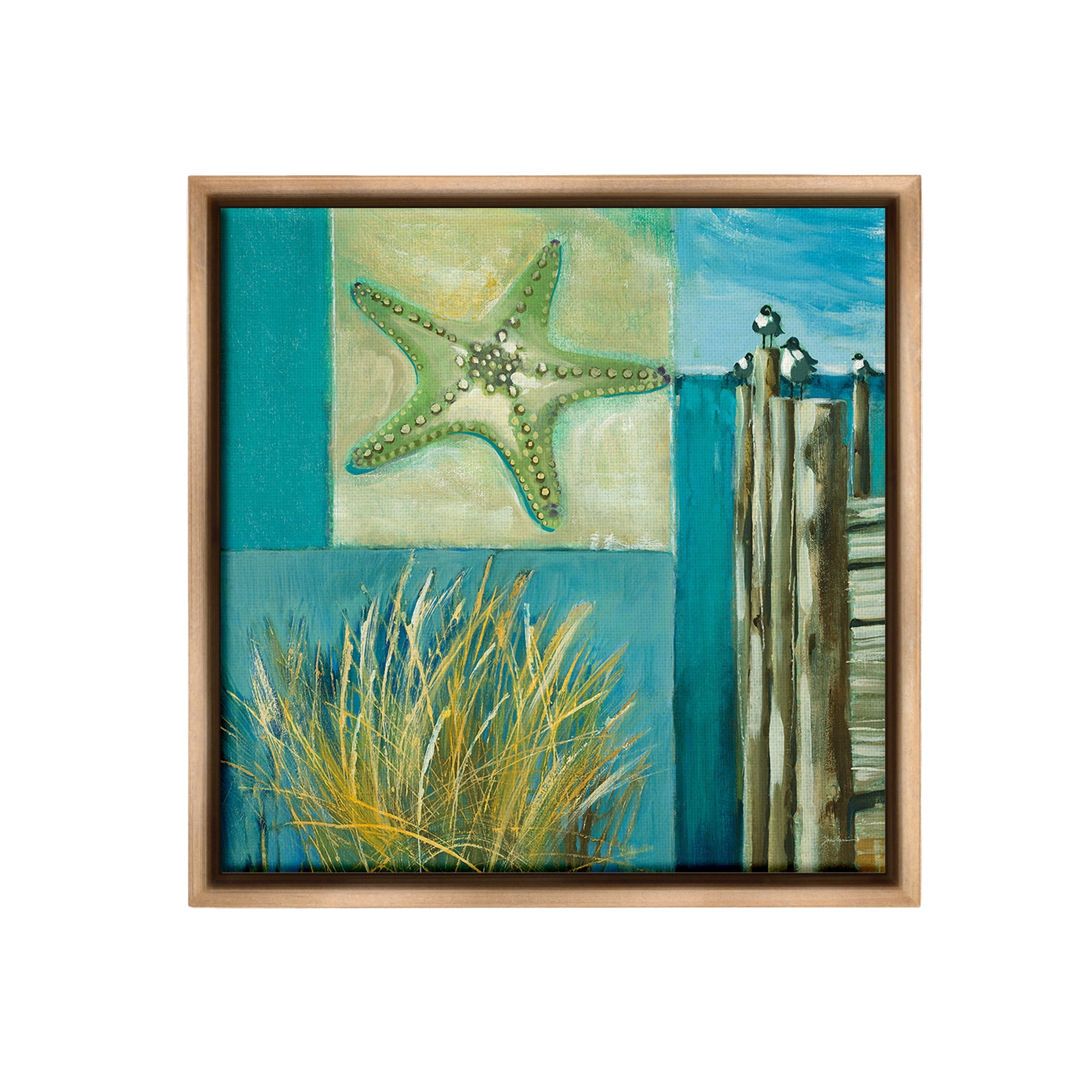 Stupell Industries Modern Beach Dock Collage Landscape Painting Brown Floater Framed Canvas Art Print Wall Art, 18 x 18