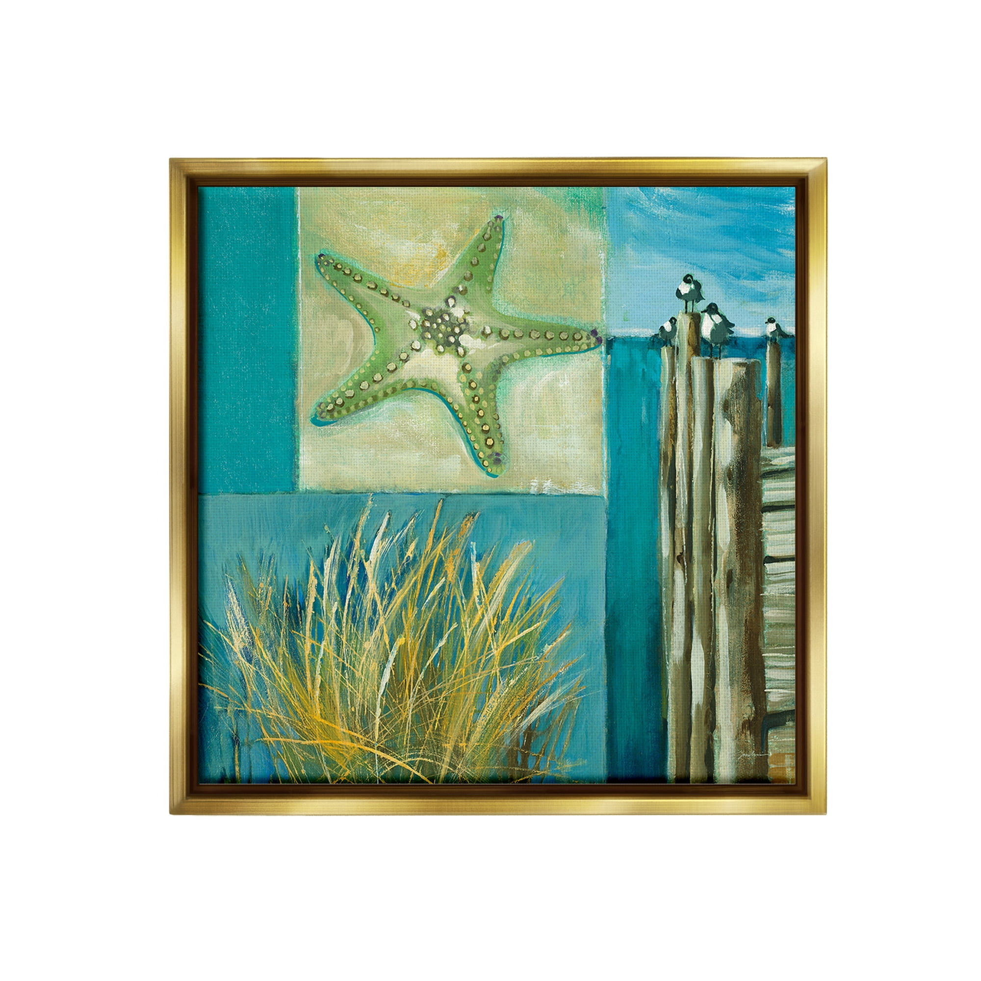 Stupell Industries Modern Beach Dock Collage Landscape Painting Gold Floater Framed Canvas Art Print Wall Art, 25 x 25