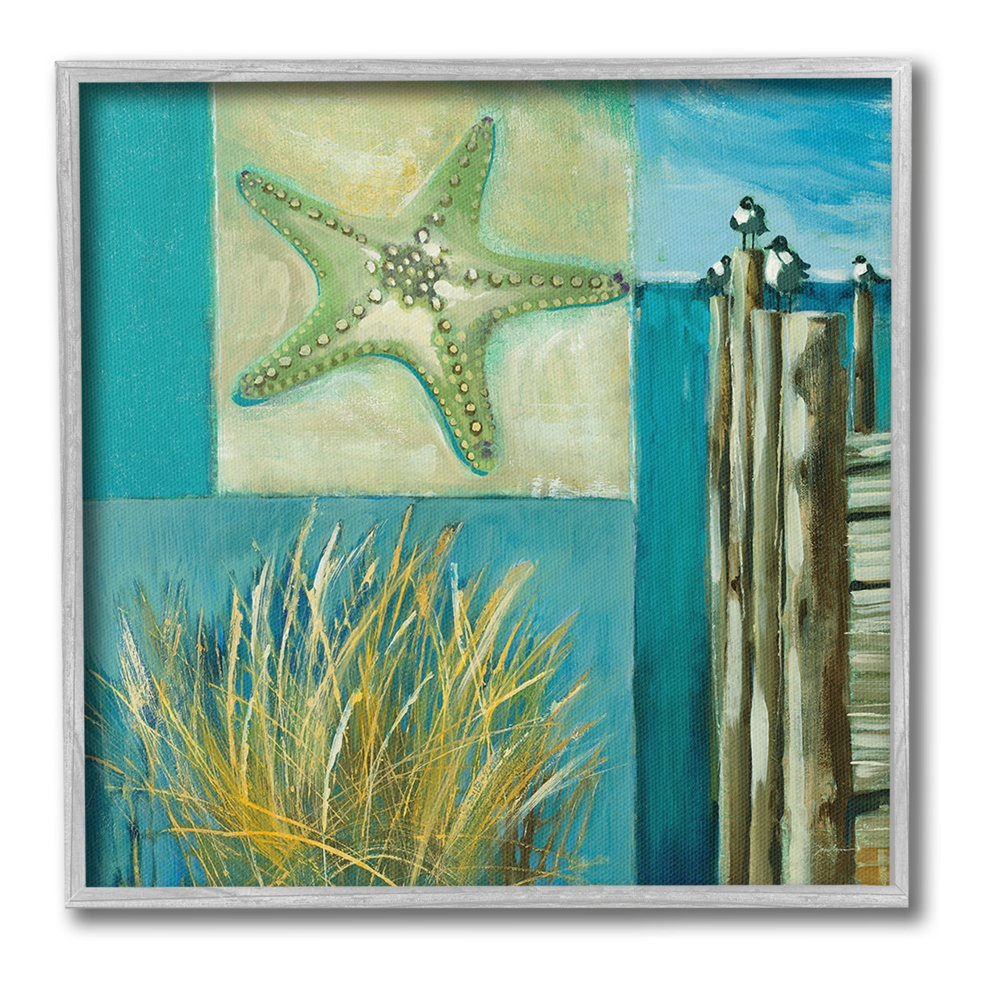 Stupell Industries Modern Beach Dock Collage Landscape Painting Gray Framed Art Print Wall Art, 12 x 12