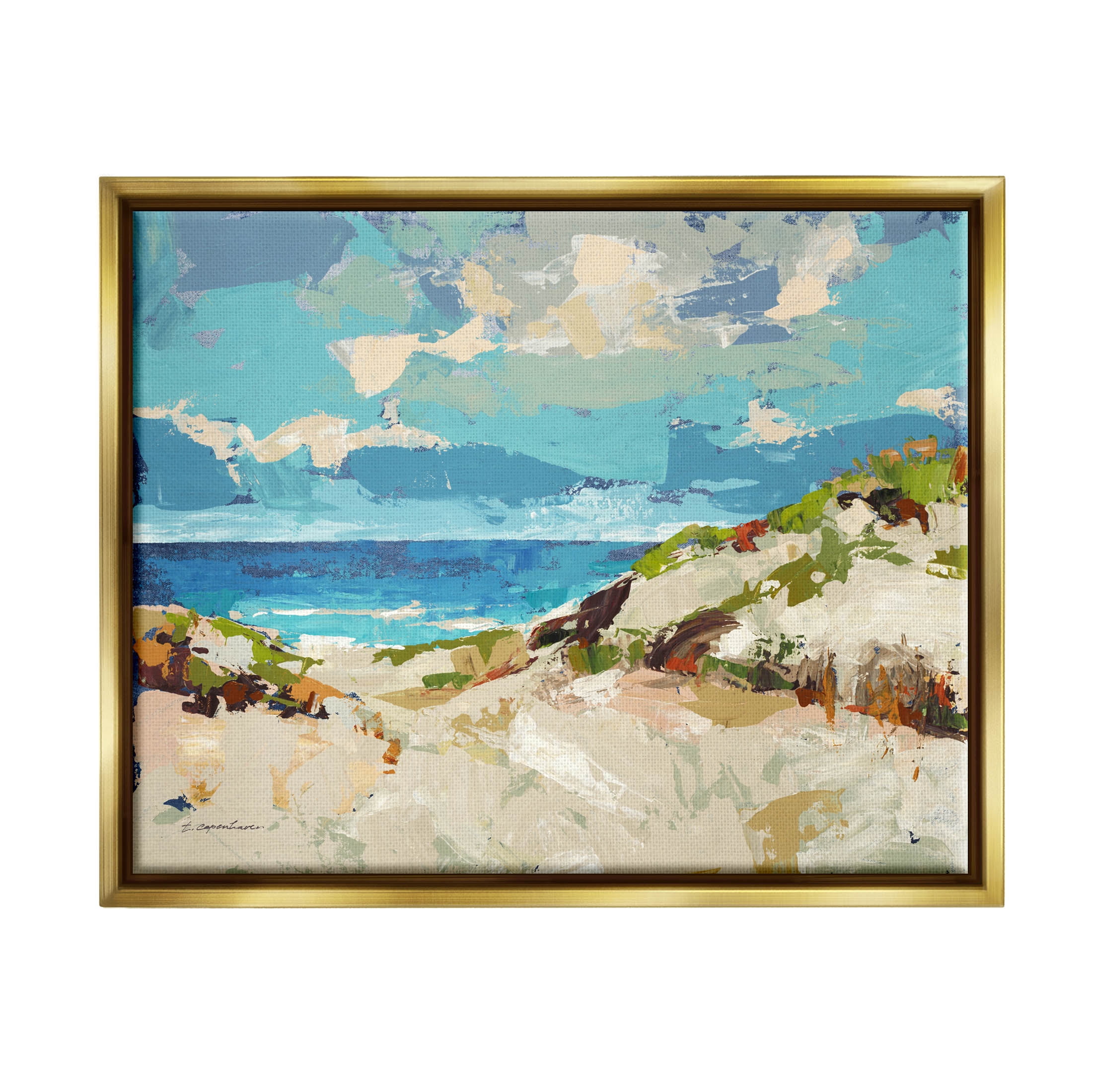 Stupell Industries Modern Beach Landscape Painting Metallic Gold Floating Framed Canvas Print Wall Art, Design by Trevor Copenhaver