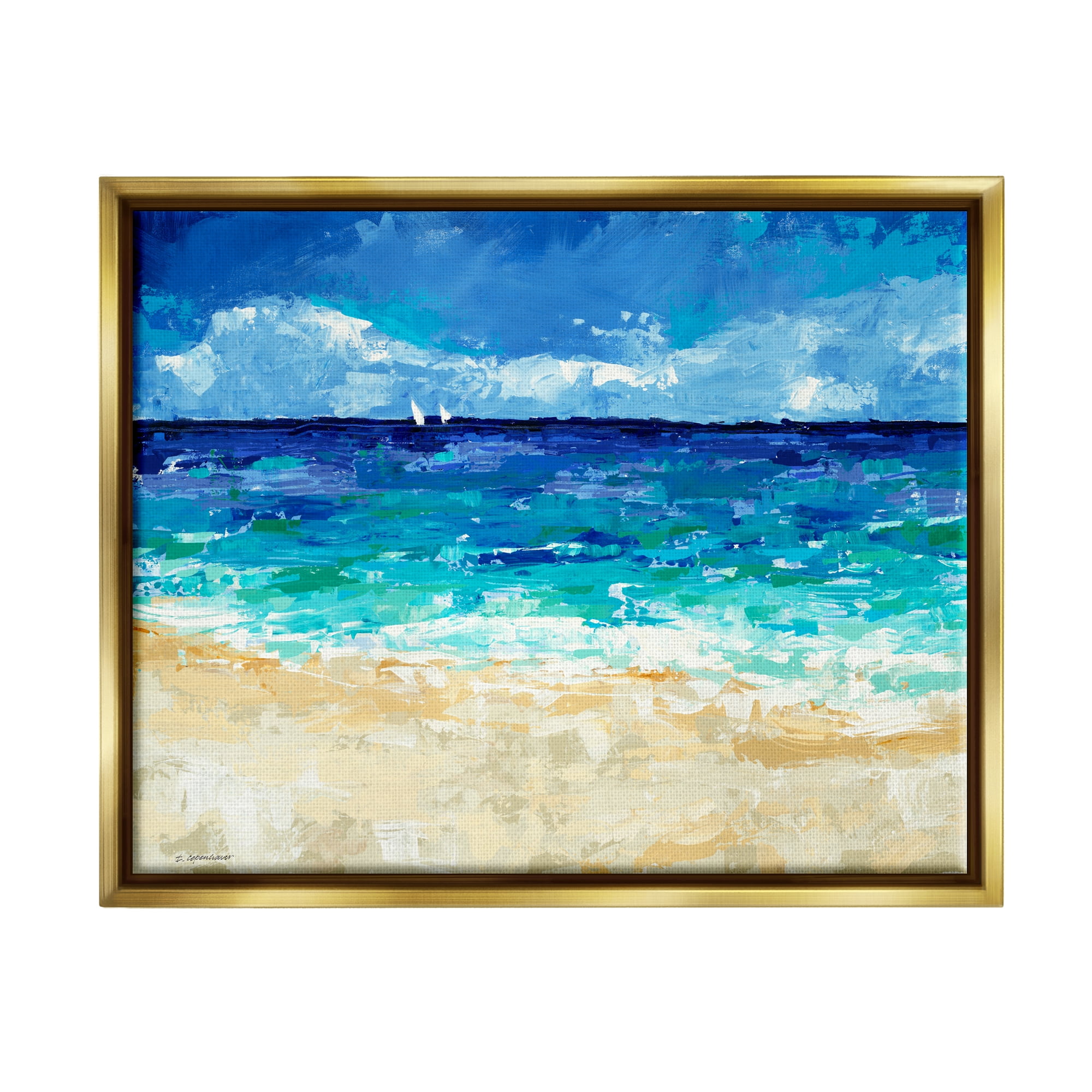 Stupell Industries Modern Beach Scene Abstract Shore Coastal Painting Gold Floater Framed Art Print Wall Art