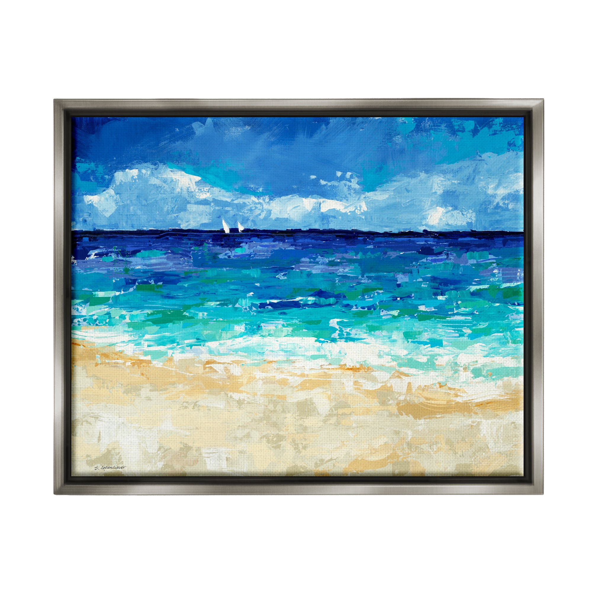 Stupell Industries Modern Beach Scene Abstract Shore Coastal Painting Gray Floater Framed Art Print Wall Art