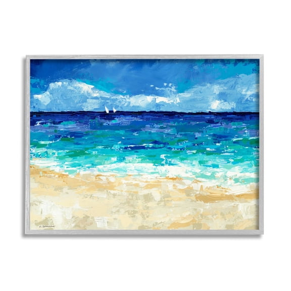 Stupell Industries Modern Beach Scene Abstract Shore Coastal Painting Gray Framed Art Print Wall Art