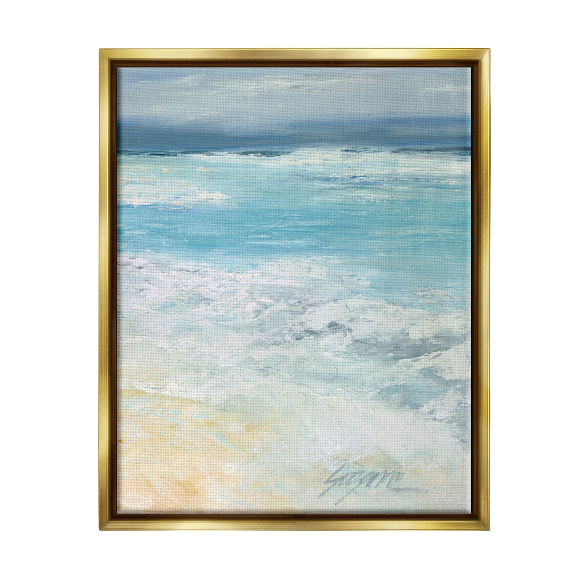 Stupell Industries Modern Beach Waves Abstract Shore Coastal Painting Gold Floater Framed Art Print Wall Art