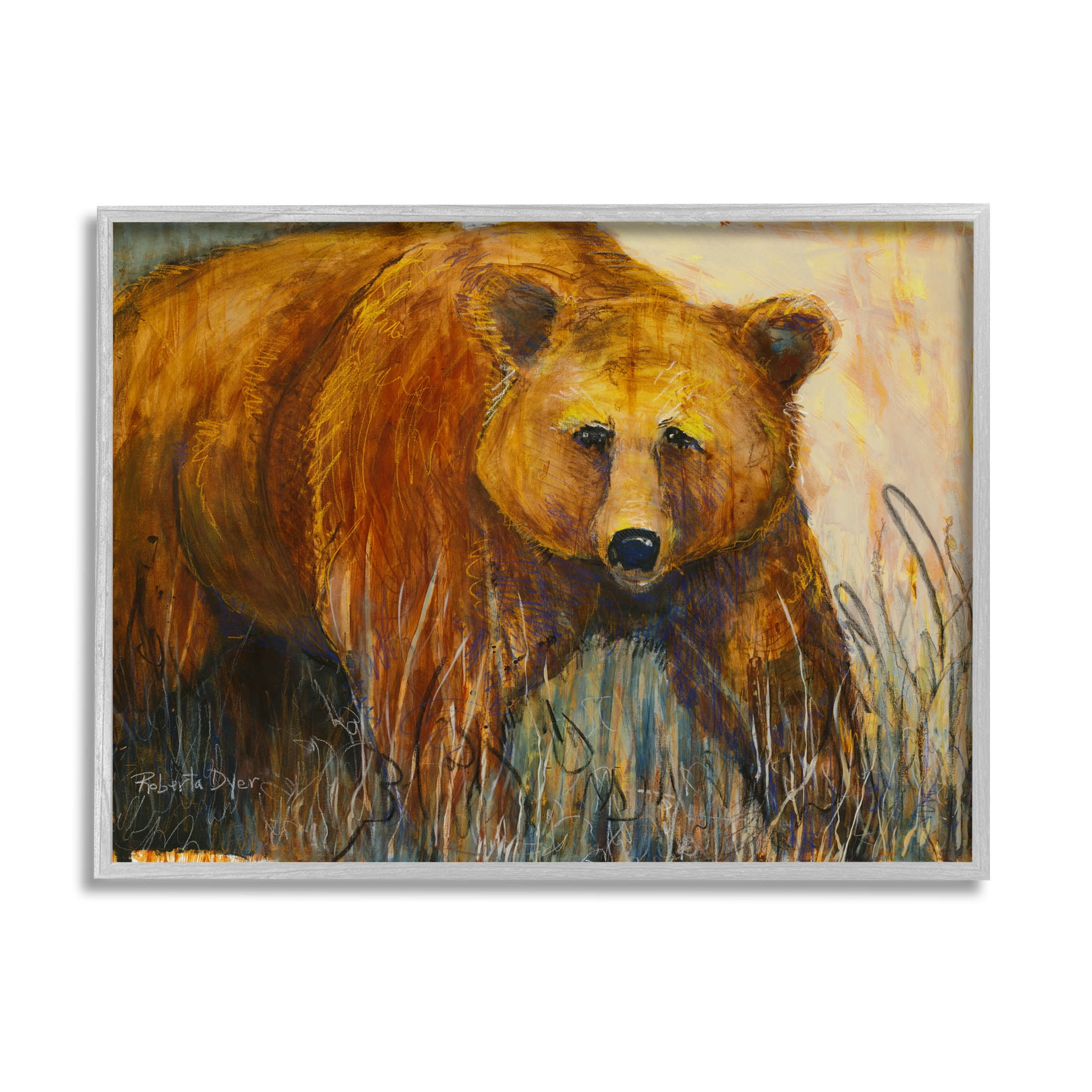 Stupell Industries Modern Bear Wildlife Scene Painting Gray Framed Art Print Wall Art, Design by Roberta Dyer