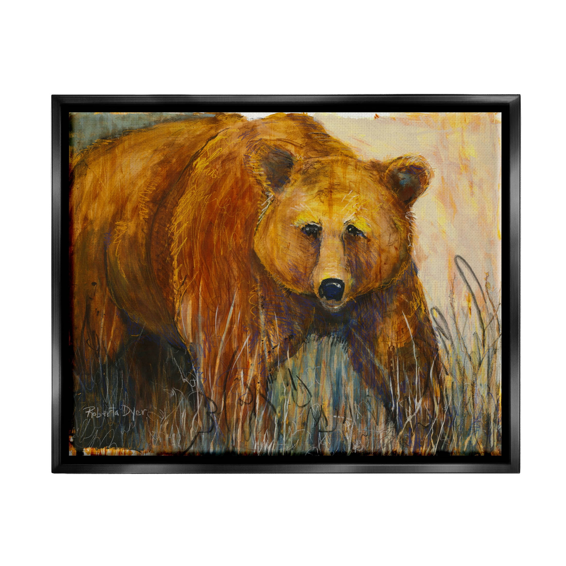 Stupell Industries Modern Bear Wildlife Scene Painting Jet Black Floating Framed Canvas Print Wall Art, Design by Roberta Dyer