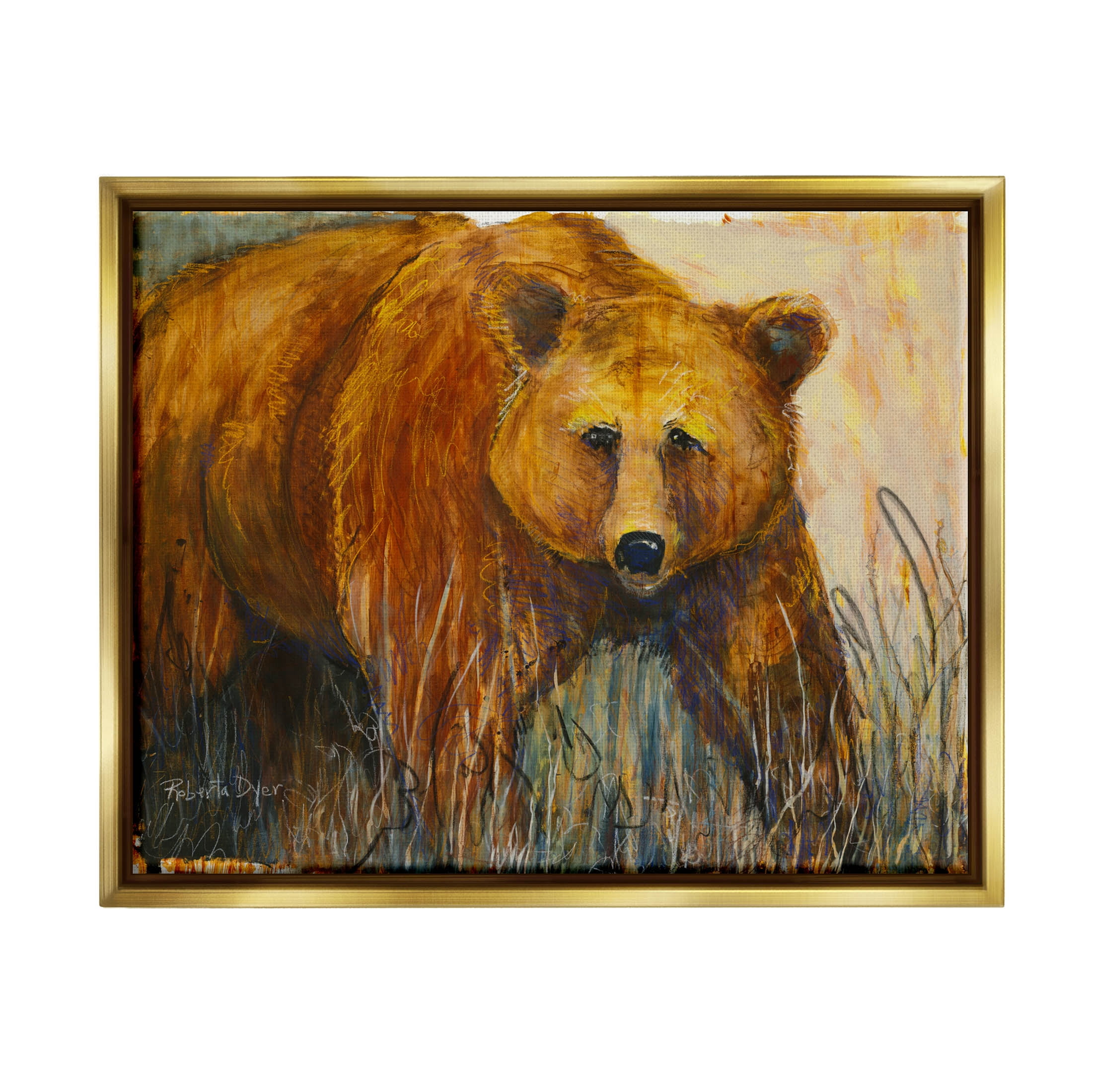Stupell Industries Modern Bear Wildlife Scene Painting Metallic Gold Floating Framed Canvas Print Wall Art, Design by Roberta Dyer