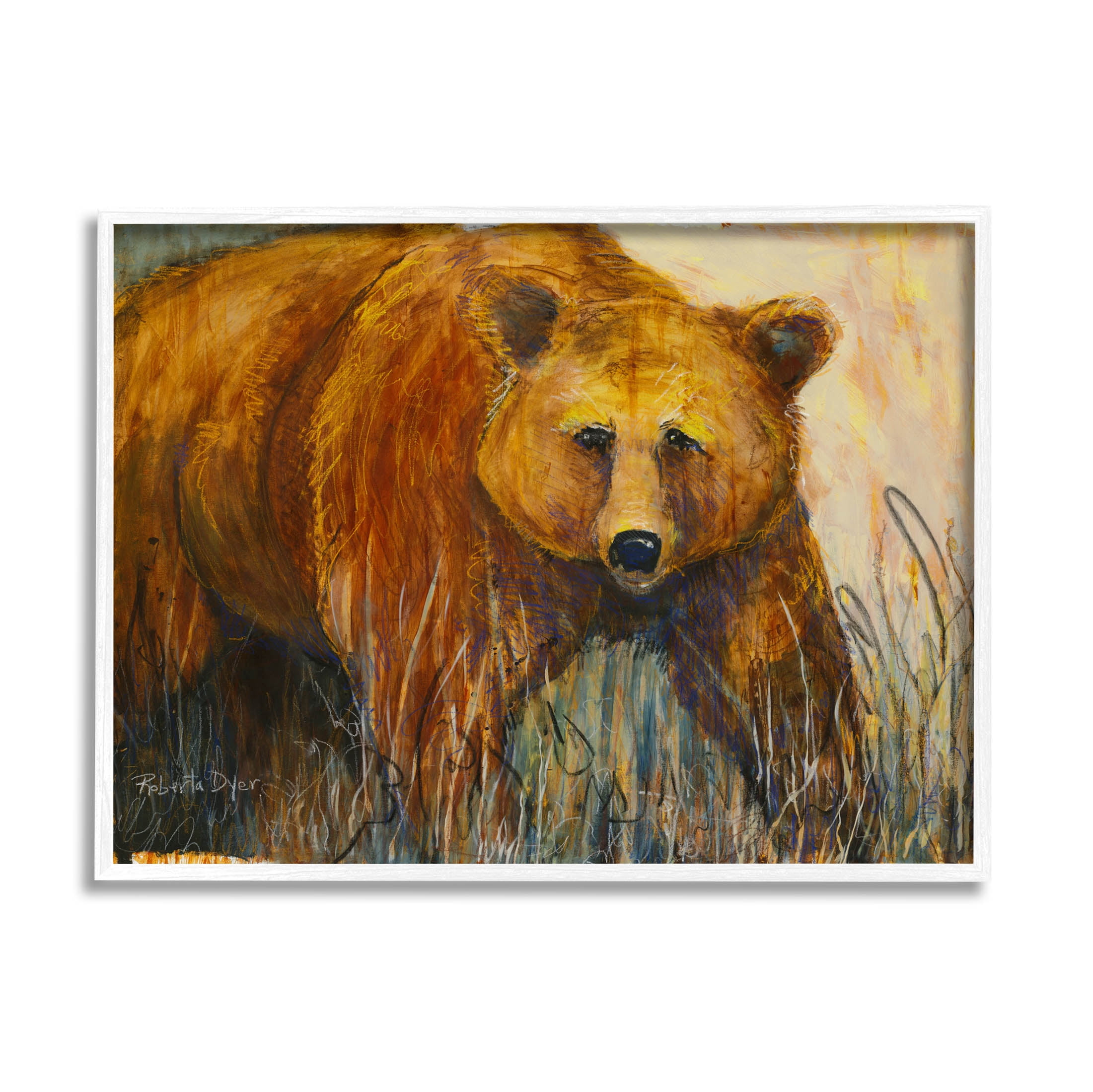 Stupell Industries Modern Bear Wildlife Scene Painting White Framed Art Print Wall Art, Design by Roberta Dyer