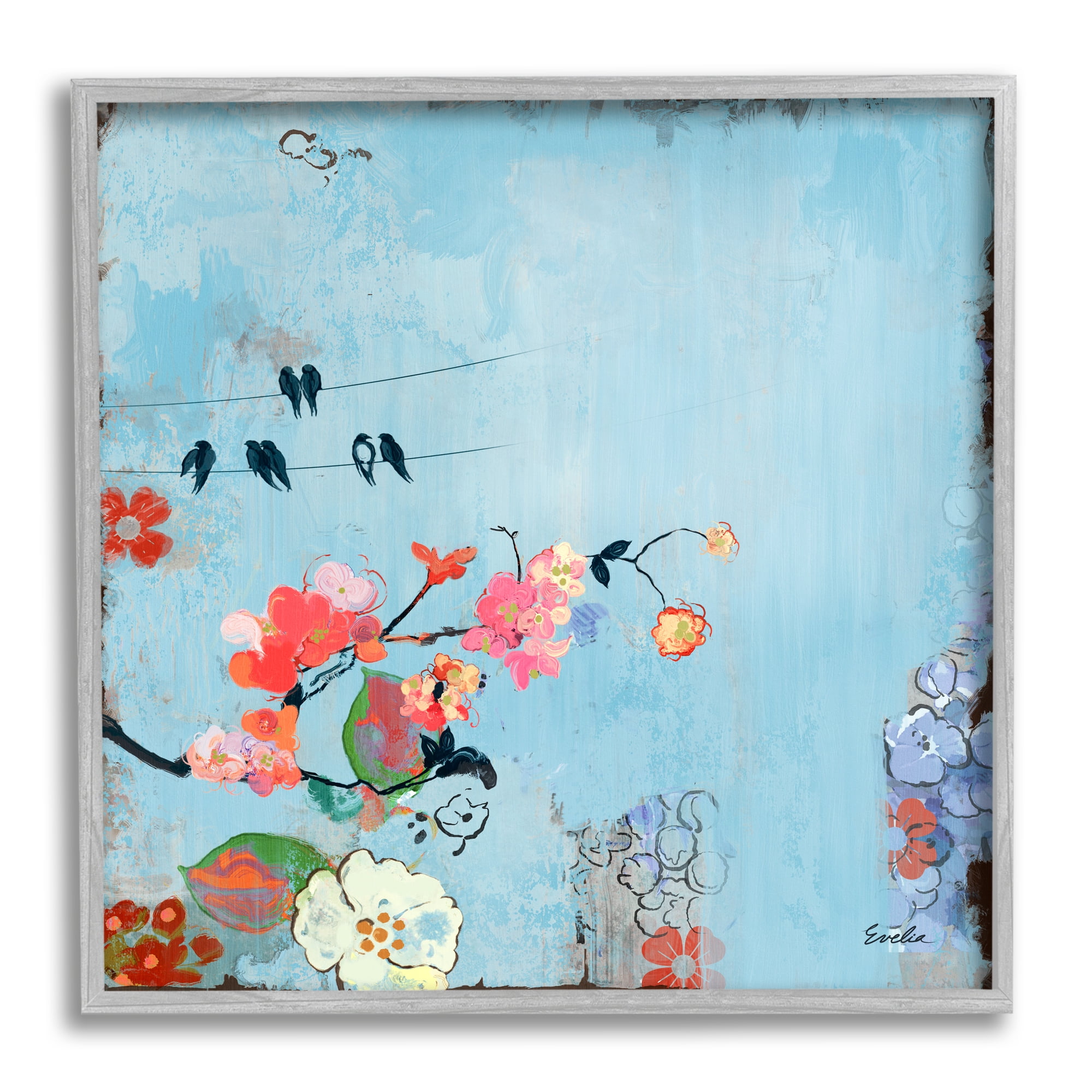 Stupell Industries Modern Birds & Flowers Scenery Animals & Insects Painting Gray Framed Art Print Wall Art, 12 x 12