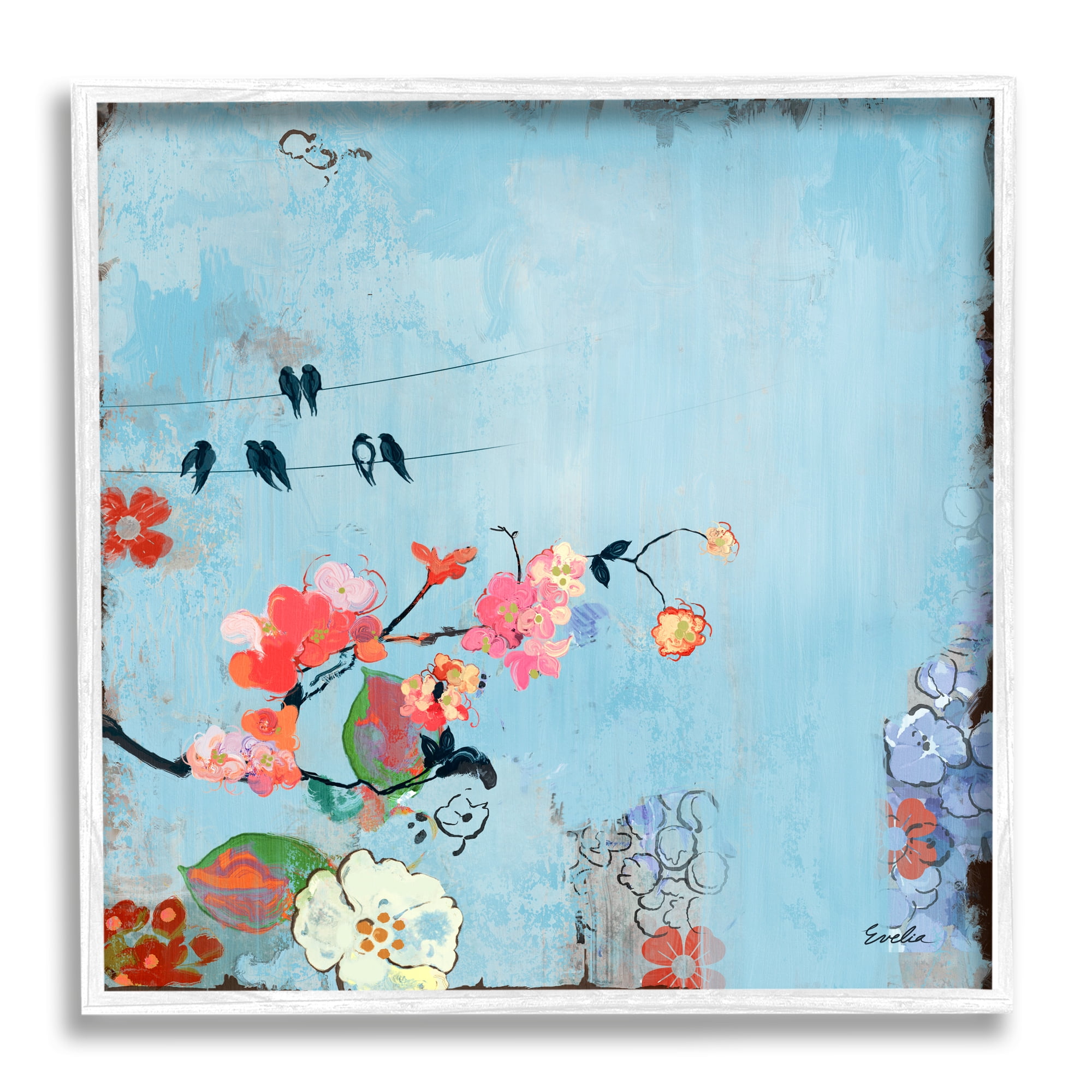 Stupell Industries Modern Birds & Flowers Scenery Animals & Insects Painting White Framed Art Print Wall Art, 17 x 17