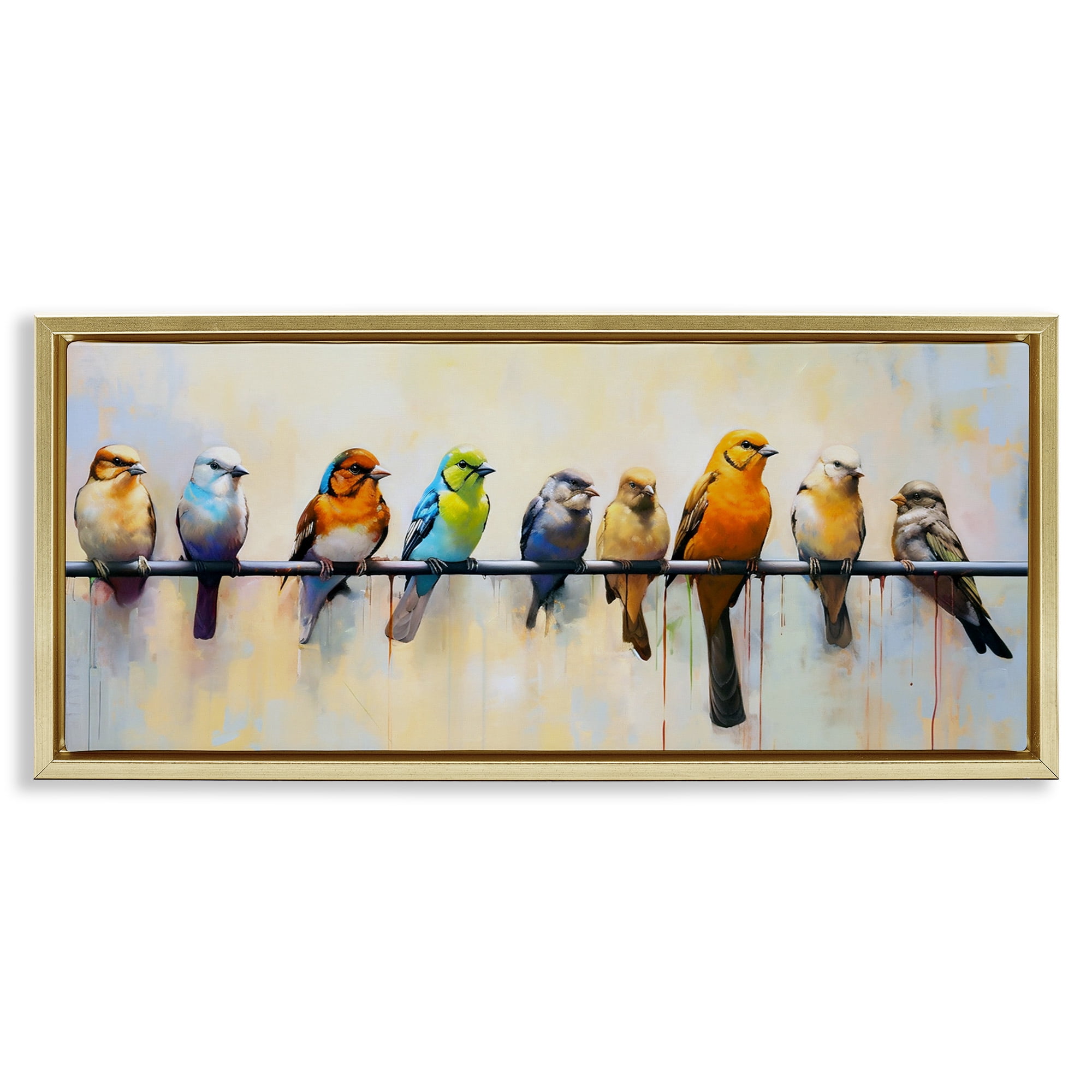 Stupell Industries Modern Birds Perched Animals & Insects Painting Gold Floater Framed Canvas Art Print Wall Art, 31 x 14