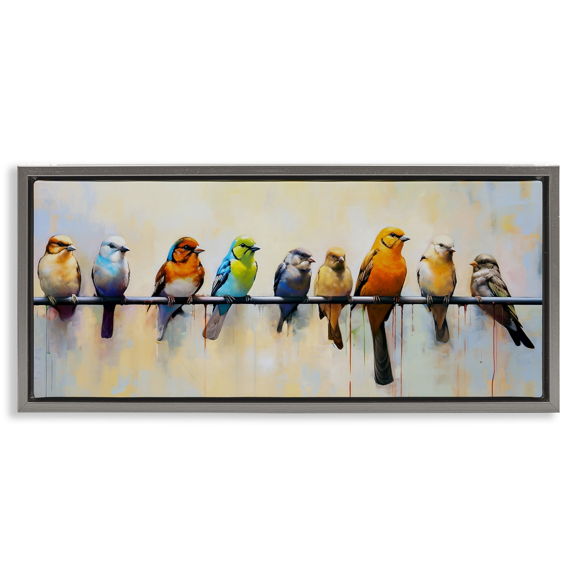 Stupell Industries Modern Birds Perched Animals & Insects Painting Gray Floater Framed Canvas Art Print Wall Art, 31 x 14