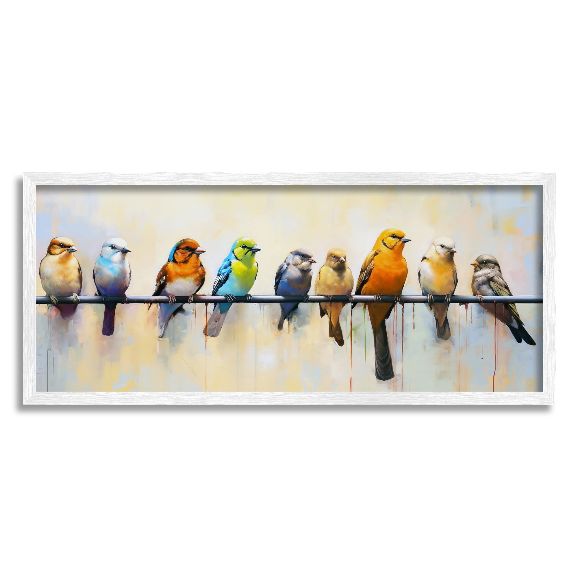 Colorful Birds on Branch Abstract Canvas Print with White Frame