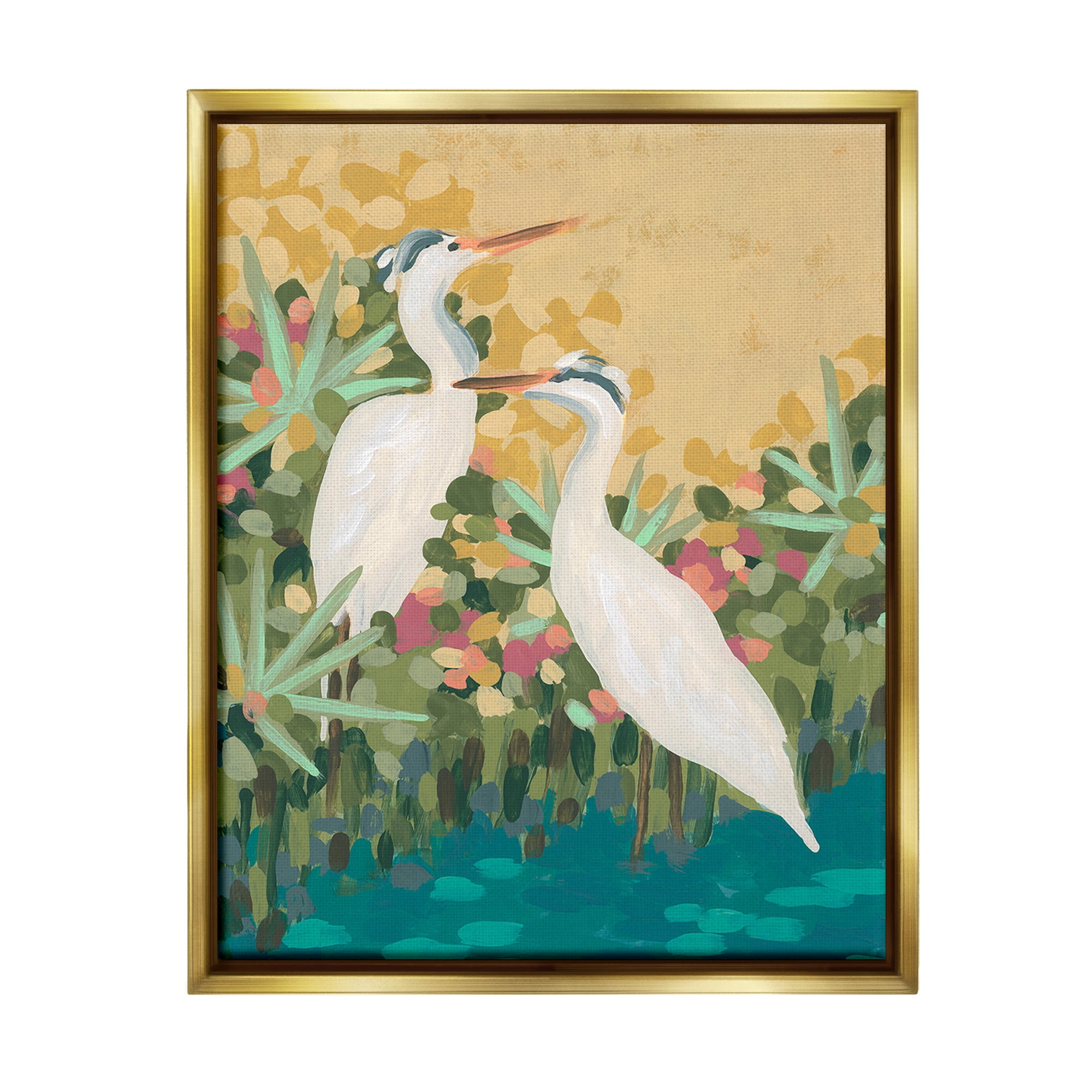 Stupell Industries Modern Birds at Pond's Edge Animals & Insects Painting Gold Floater Framed Canvas Art Print Wall Art, 25 x 31