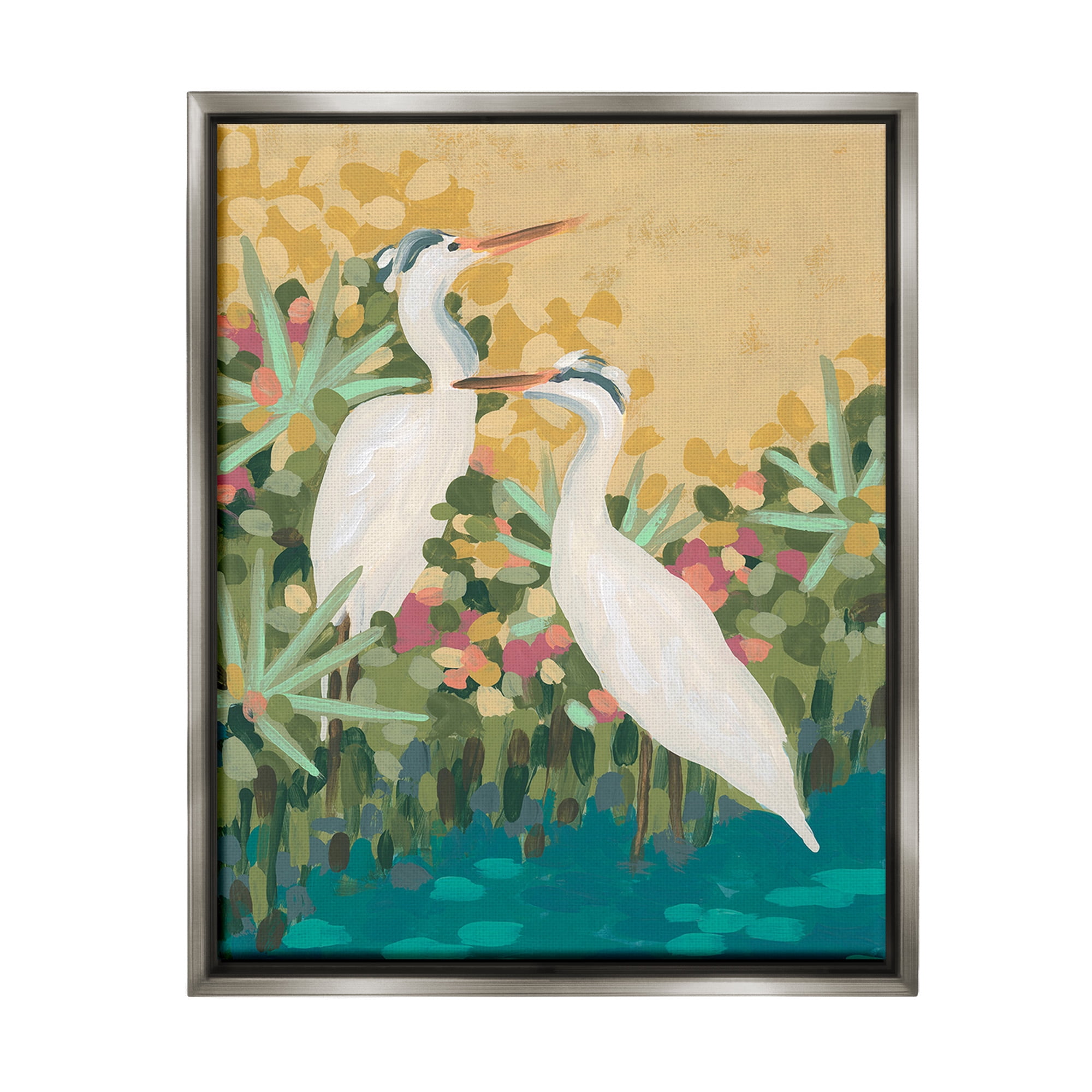 Stupell Industries Modern Birds at Pond's Edge Animals & Insects Painting Gray Floater Framed Canvas Art Print Wall Art, 17 x 21