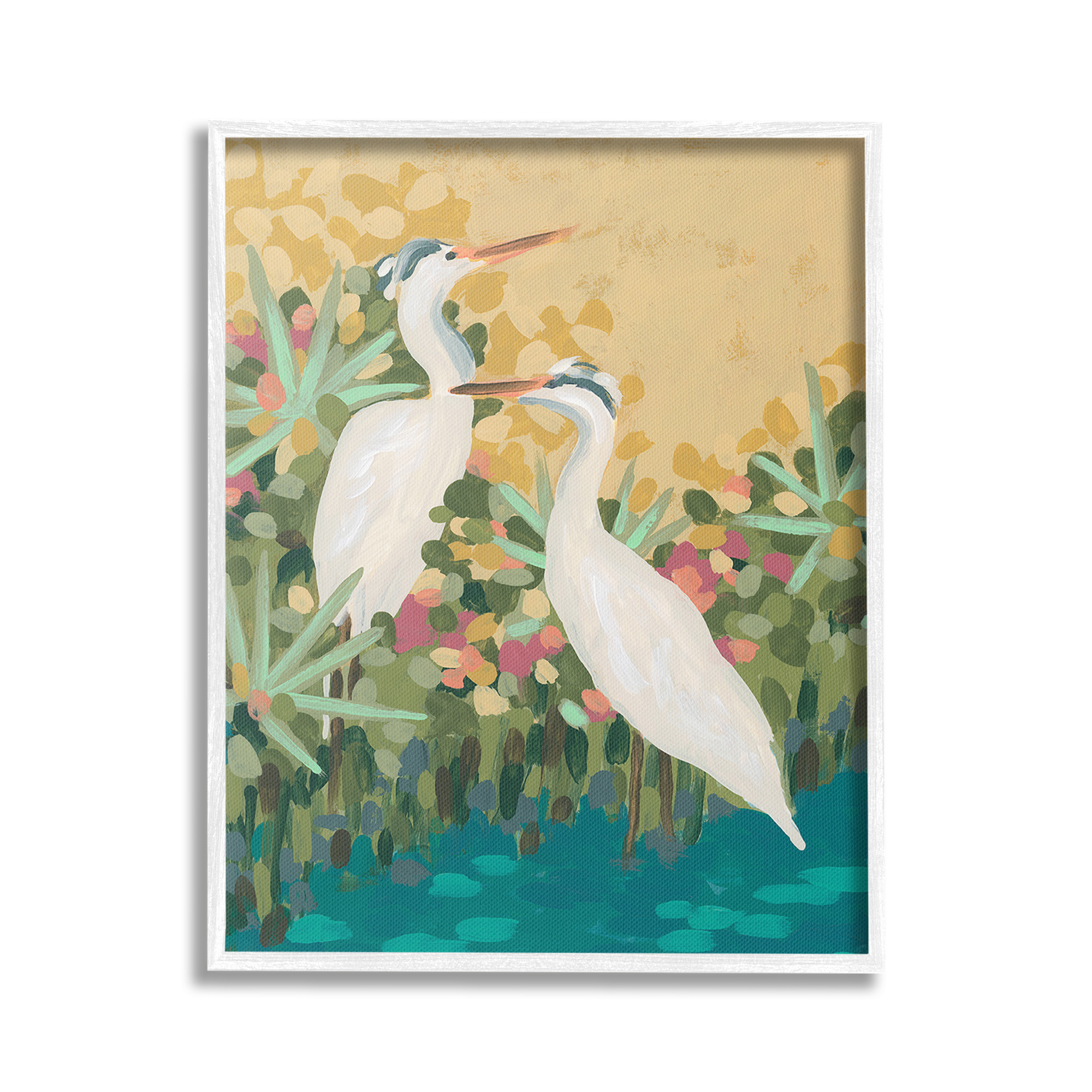 Stupell Industries Modern Birds at Pond's Edge Animals & Insects Painting White Framed Art Print Wall Art, 24 x 30